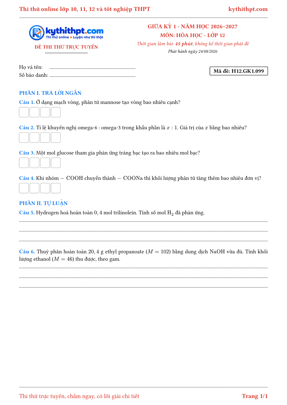 Trang đầu Đề thi thử online giữa kỳ 1 môn Hóa học lớp 12 - trả lời ngắn + tự luận - đề 101