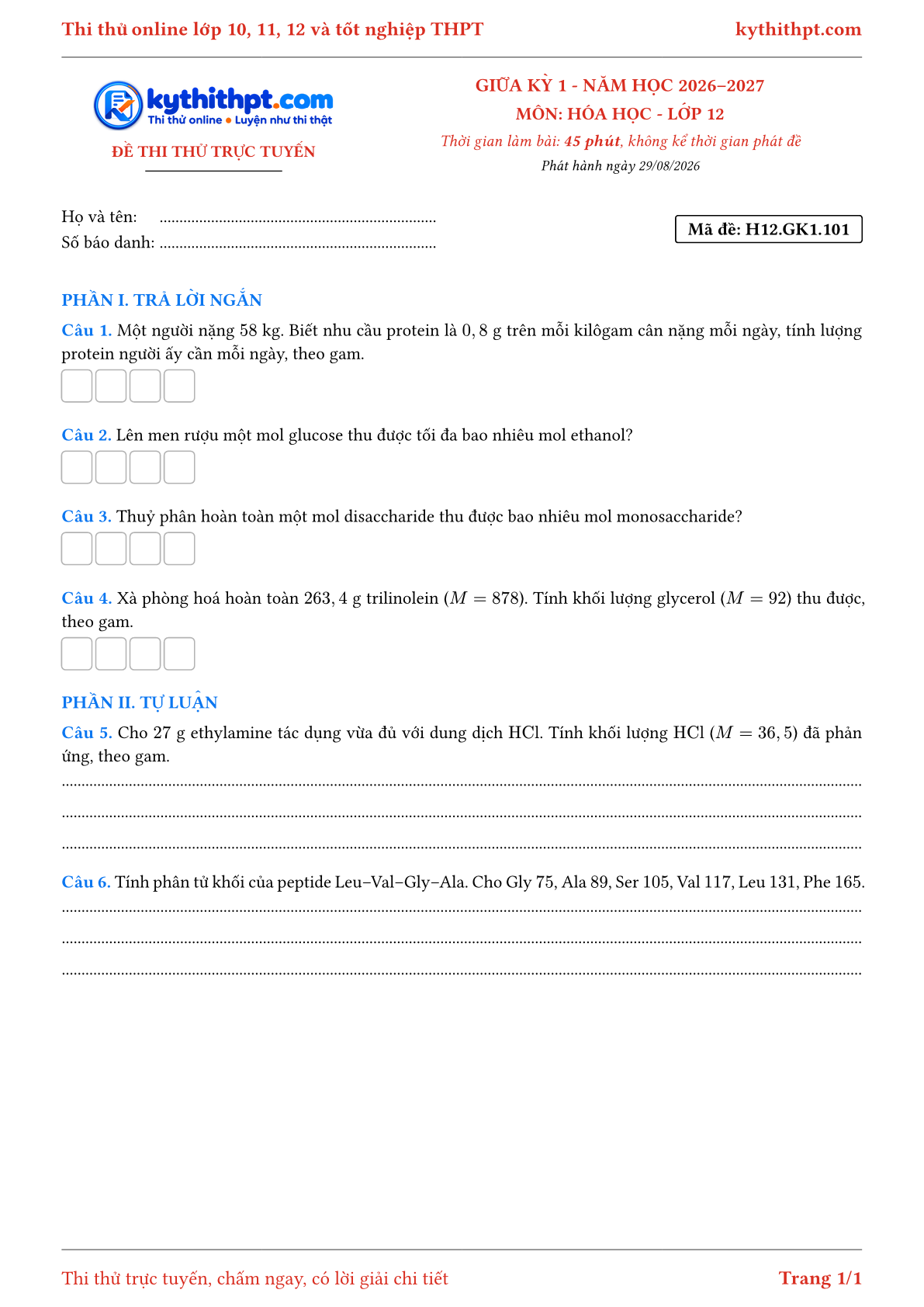 Trang đầu Đề thi thử online giữa kỳ 1 môn Hóa học lớp 12 - trả lời ngắn + tự luận - đề 103