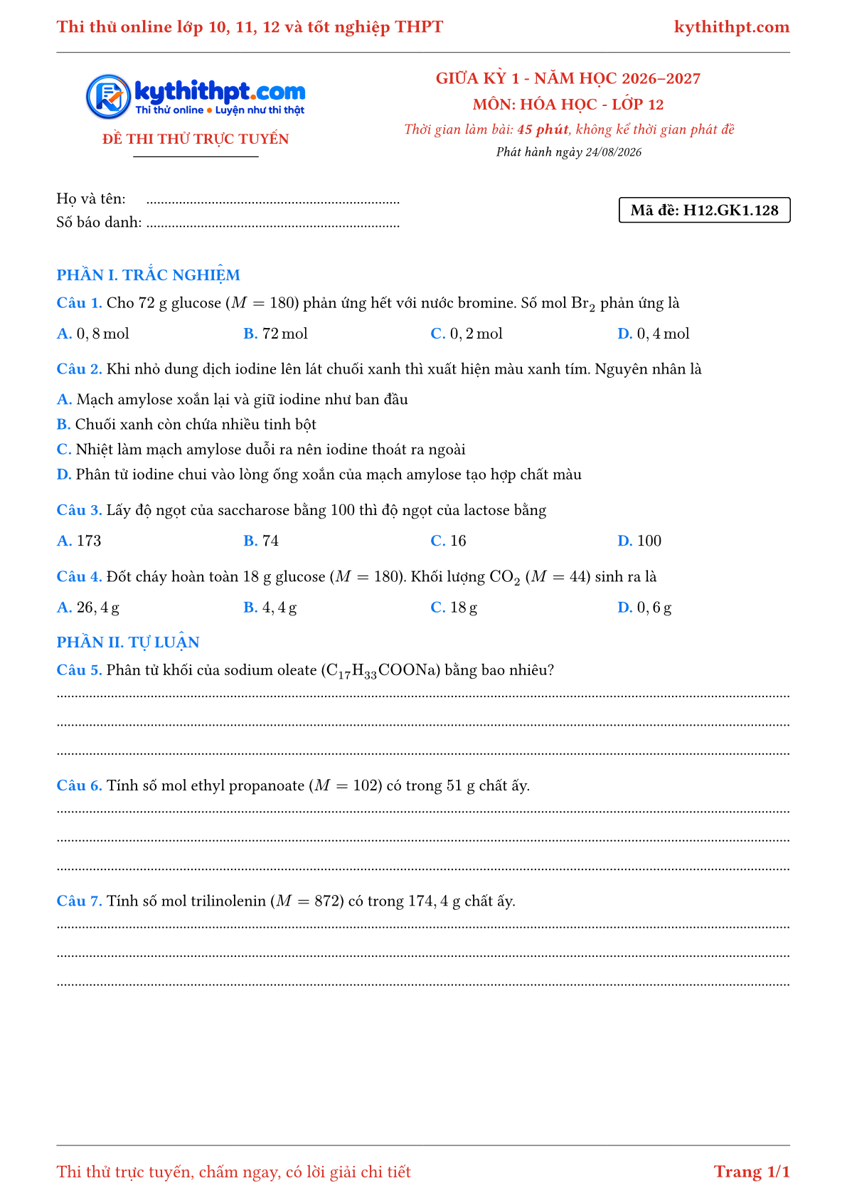 Trang đầu Đề thi thử online giữa kỳ 1 môn Hóa học lớp 12 - trắc nghiệm + tự luận nâng cao - đề 131
