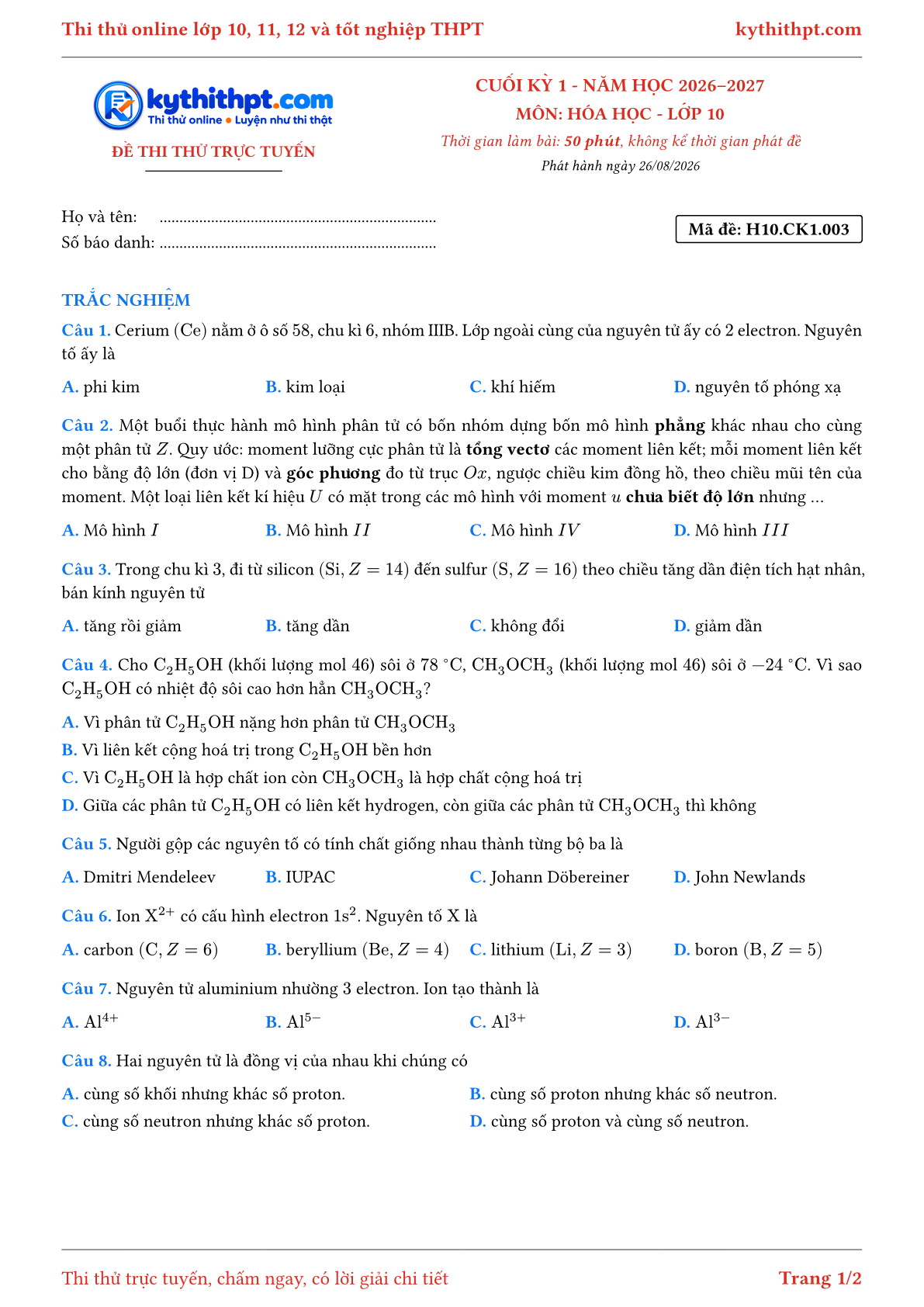 Trang đầu Đề thi thử online cuối kỳ 1 môn Hóa học lớp 10 - full trắc nghiệm - đề 003