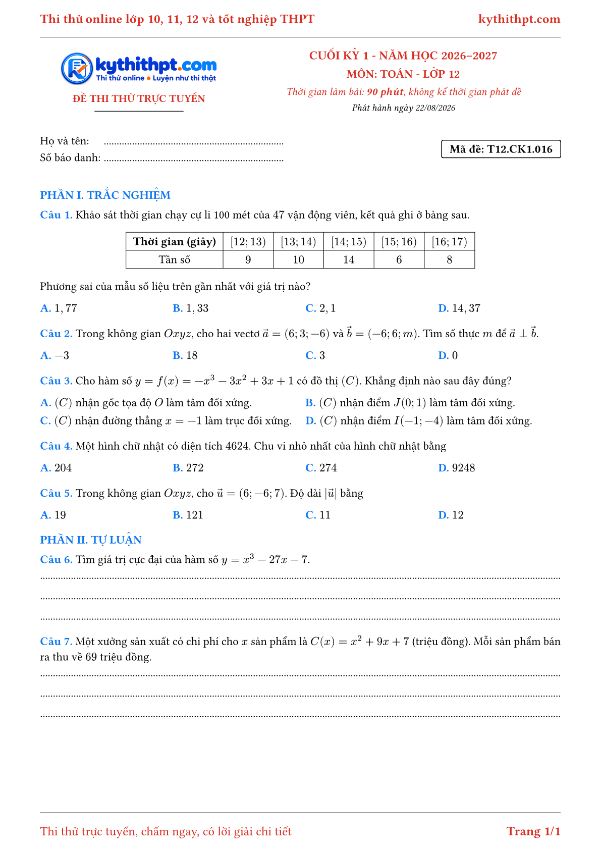 Trang đầu Đề thi thử online cuối kỳ 1 môn Toán lớp 12 - trắc nghiệm + tự luận - đề 016