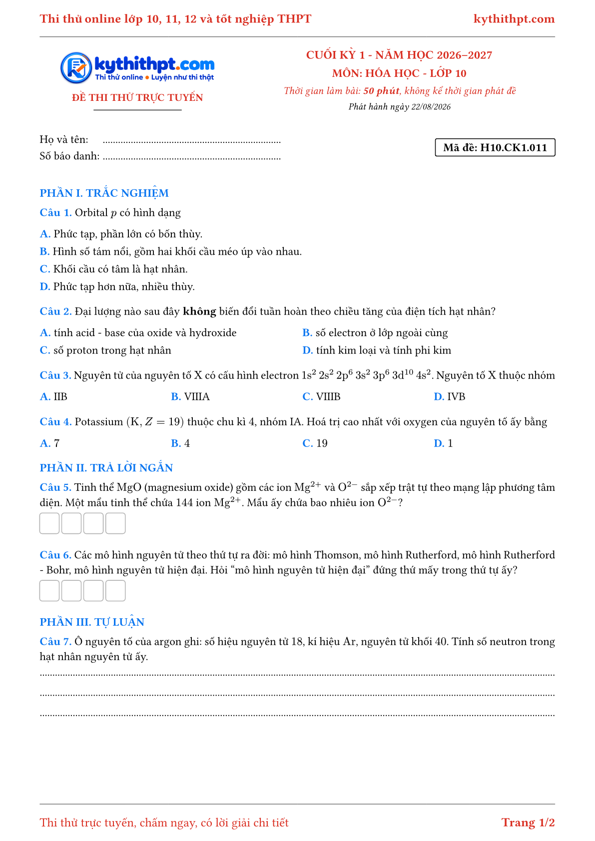 Trang đầu Đề thi thử online cuối kỳ 1 môn Hóa học lớp 10 - trắc nghiệm + trả lời ngắn + tự luận - đề 011