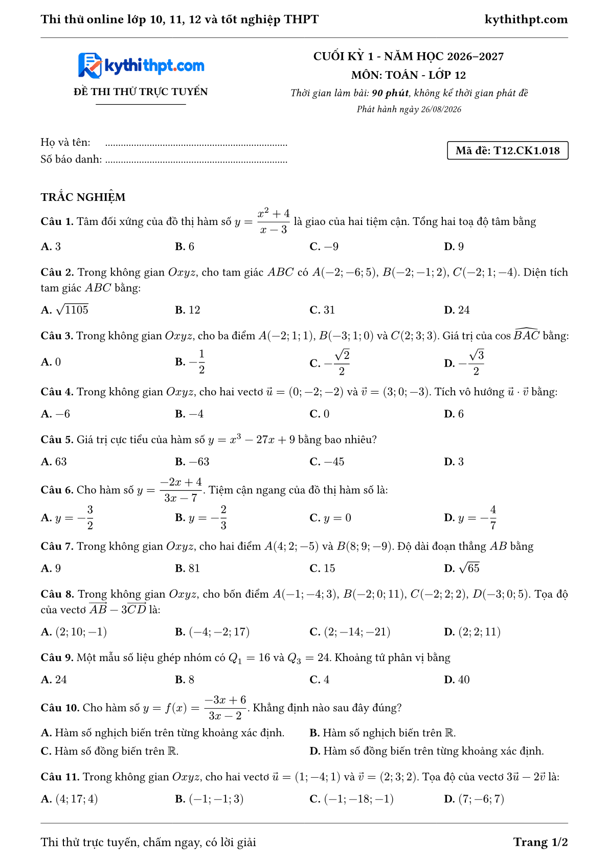 Trang đầu Đề thi thử online cuối kỳ 1 môn Toán lớp 12 - trắc nghiệm + đúng/sai + tự luận - đề 018