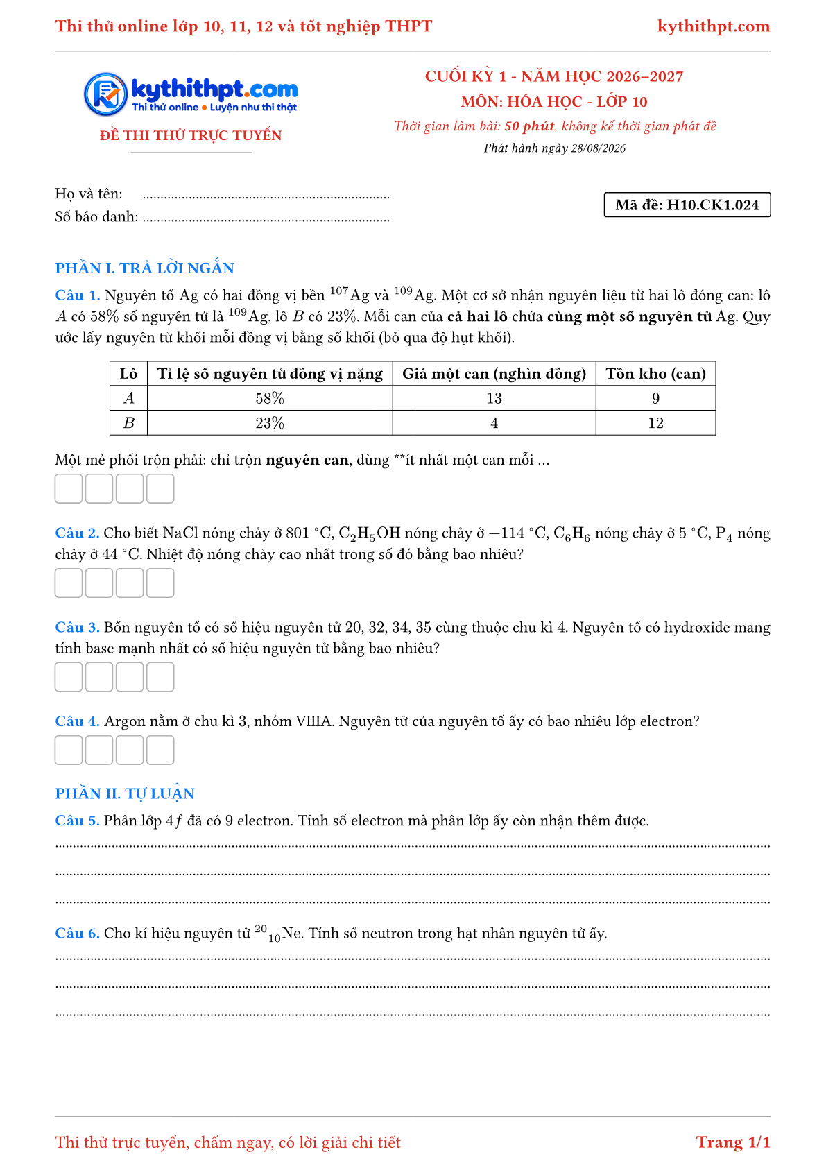 Trang đầu Đề thi thử online cuối kỳ 1 môn Hóa học lớp 10 - trả lời ngắn + tự luận - đề 024
