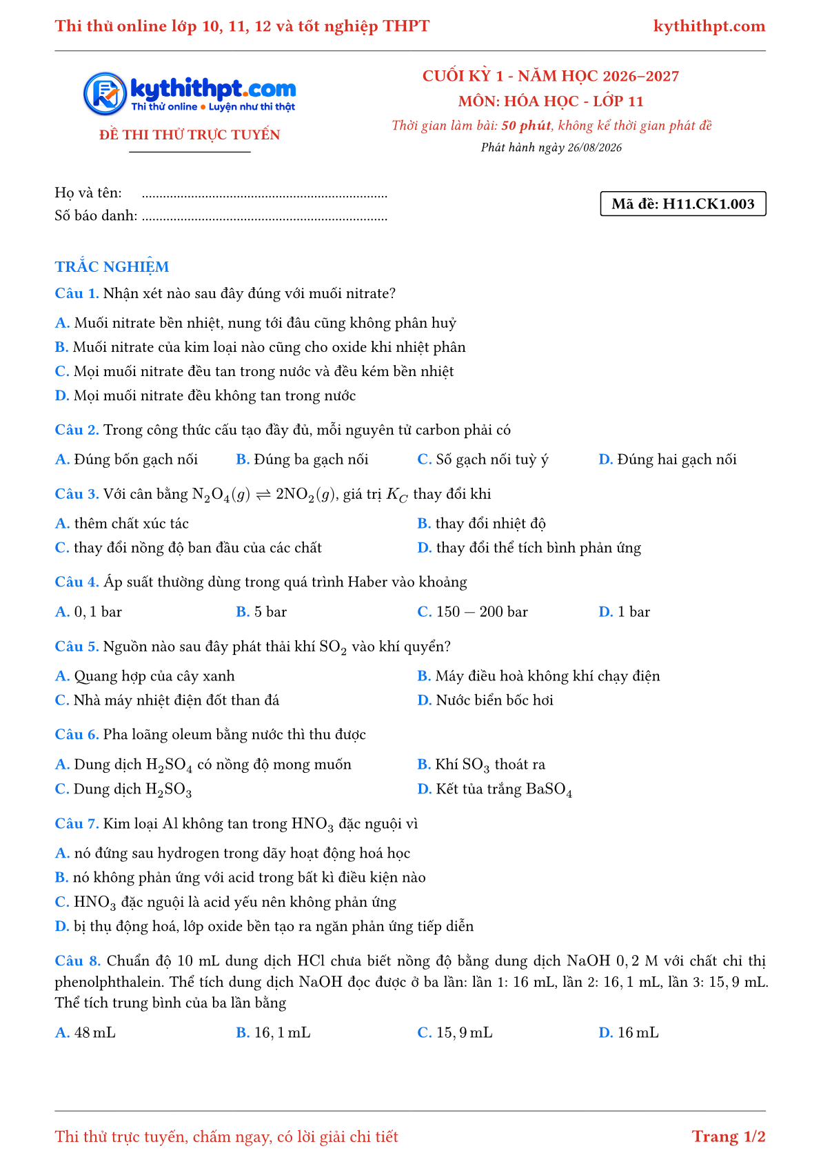 Trang đầu Đề thi thử online cuối kỳ 1 môn Hóa học lớp 11 - full trắc nghiệm - đề 003