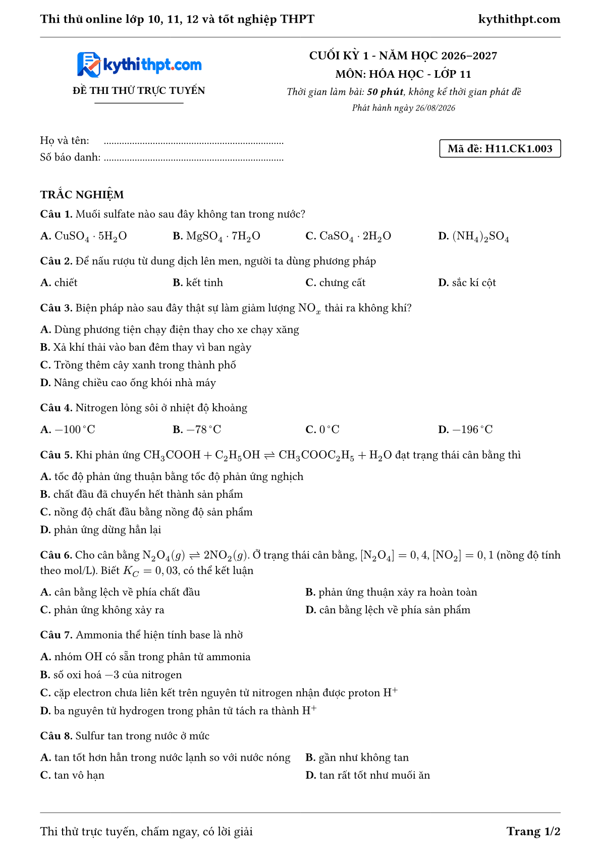 Trang đầu Đề thi thử online cuối kỳ 1 môn Hóa học lớp 11 - full trắc nghiệm - đề 003