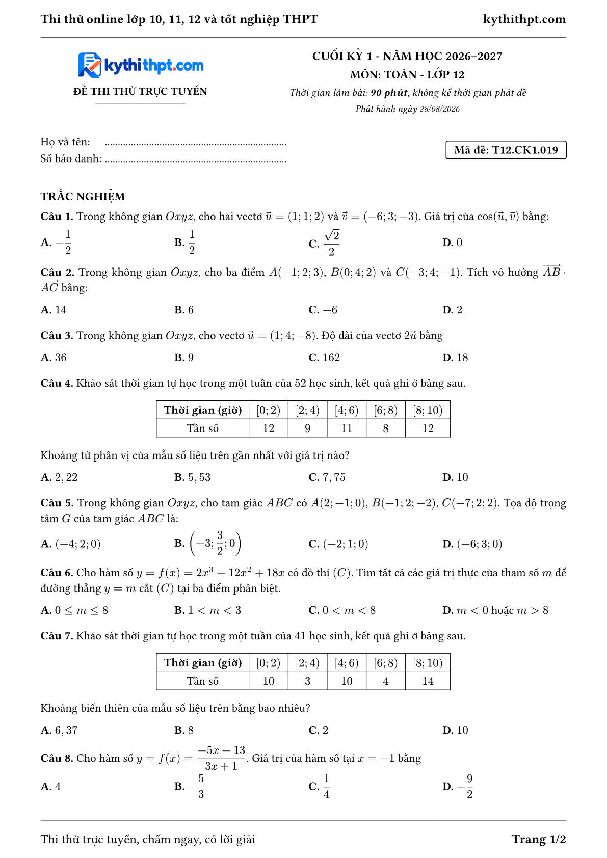 Trang đầu Đề thi thử online cuối kỳ 1 môn Toán lớp 12 - trắc nghiệm + đúng/sai + tự luận - đề 019