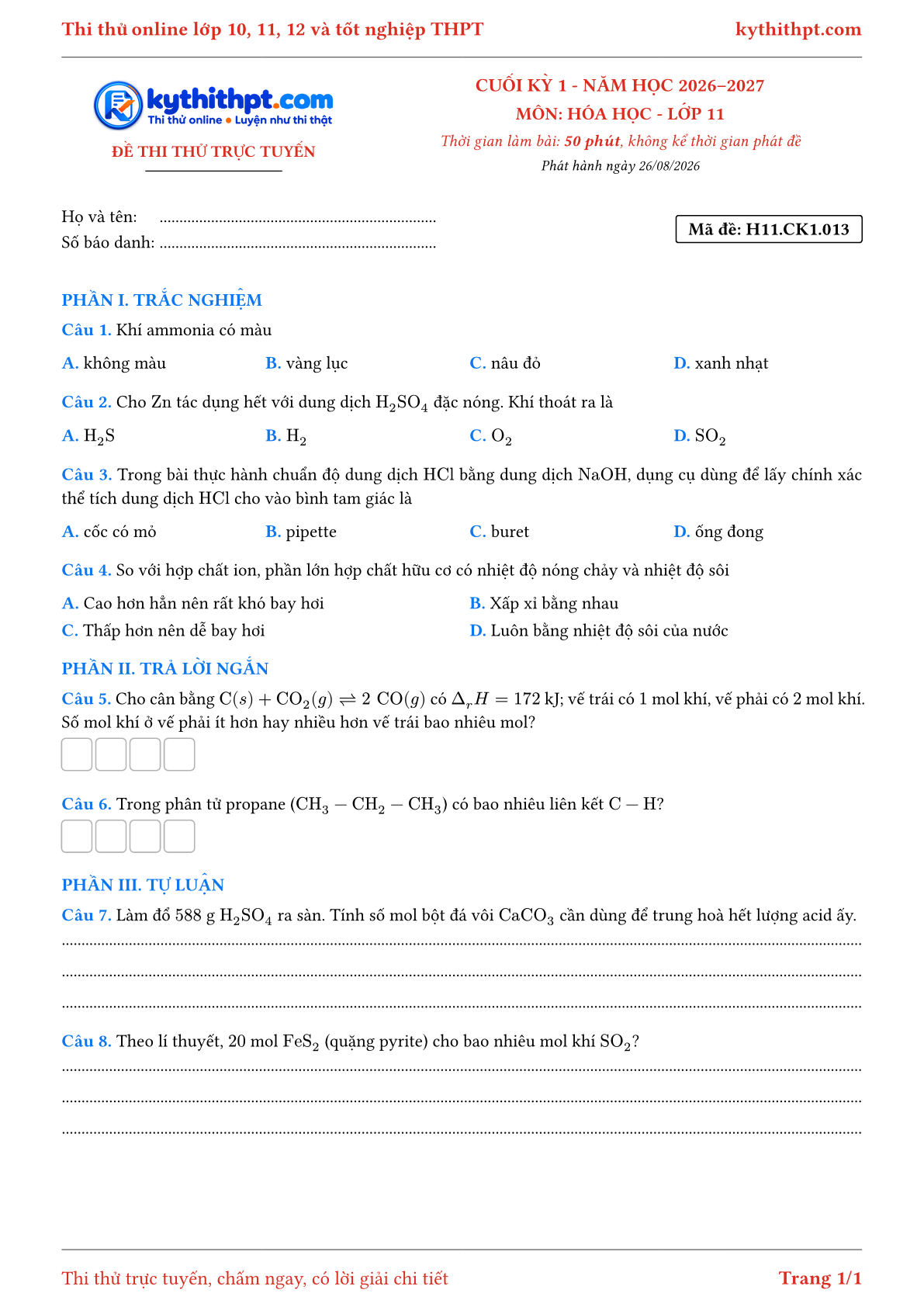 Trang đầu Đề thi thử online cuối kỳ 1 môn Hóa học lớp 11 - trắc nghiệm + trả lời ngắn + tự luận - đề 013