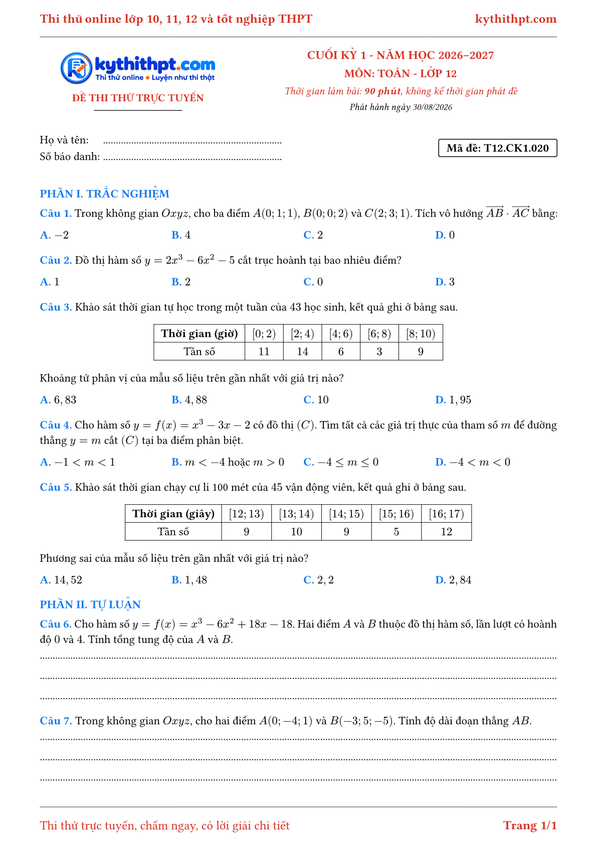 Trang đầu Đề thi thử online cuối kỳ 1 môn Toán lớp 12 - trắc nghiệm + tự luận - đề 020