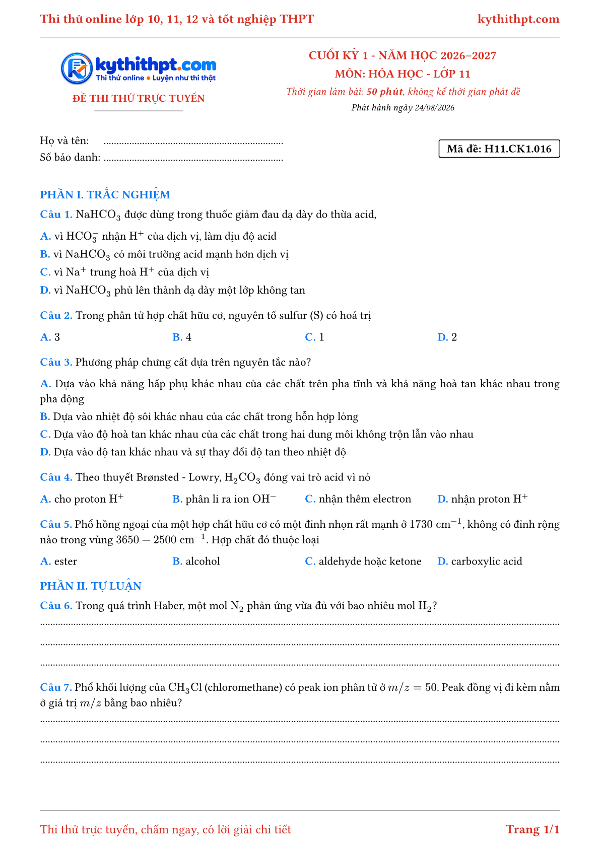 Trang đầu Đề thi thử online cuối kỳ 1 môn Hóa học lớp 11 - trắc nghiệm + tự luận - đề 016