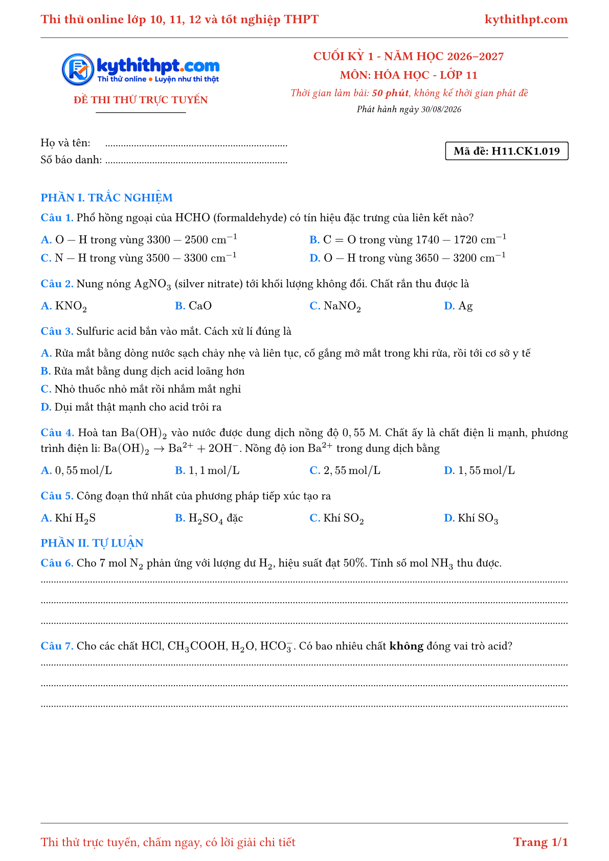 Trang đầu Đề thi thử online cuối kỳ 1 môn Hóa học lớp 11 - trắc nghiệm + tự luận - đề 019