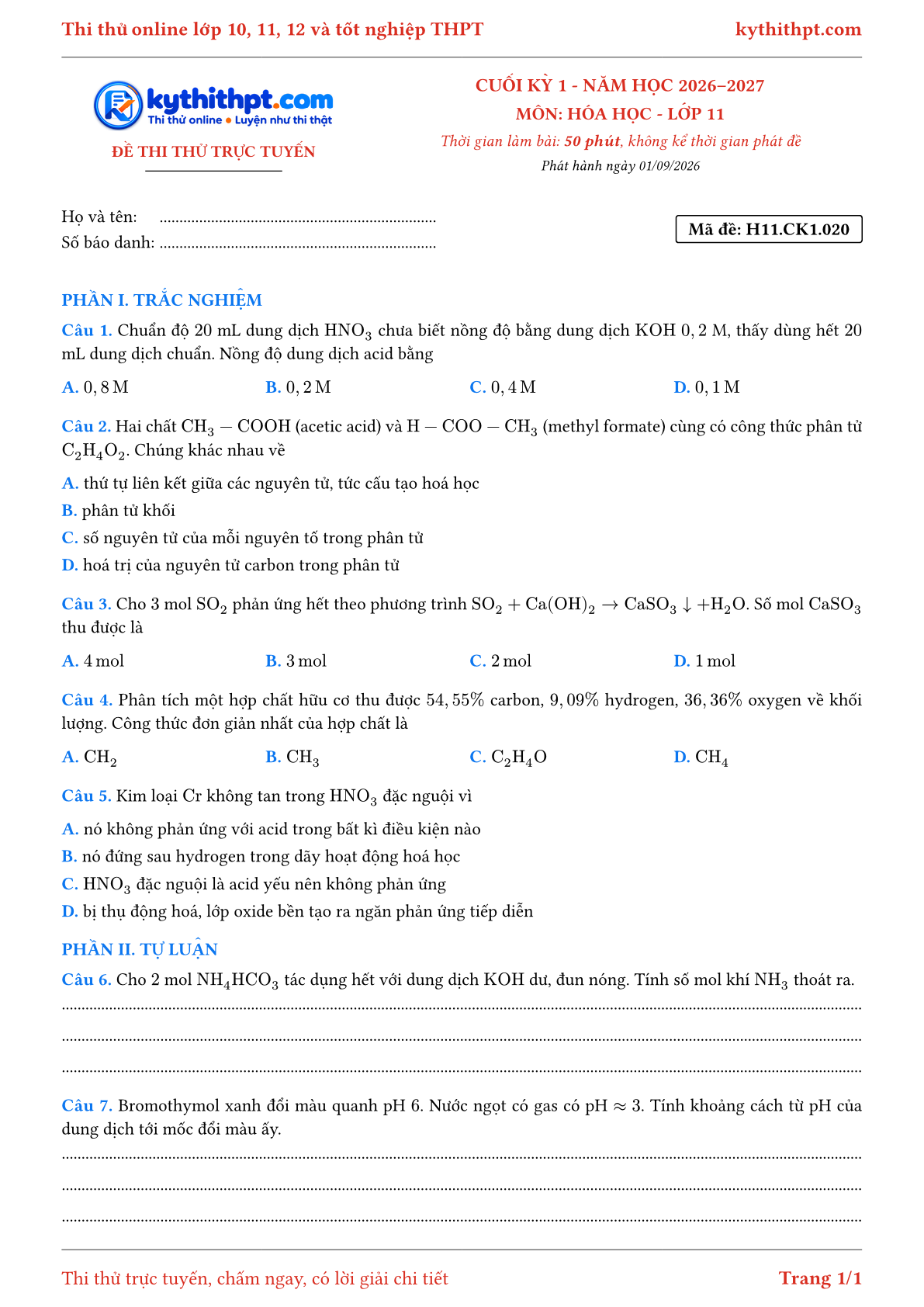 Trang đầu Đề thi thử online cuối kỳ 1 môn Hóa học lớp 11 - trắc nghiệm + tự luận - đề 020