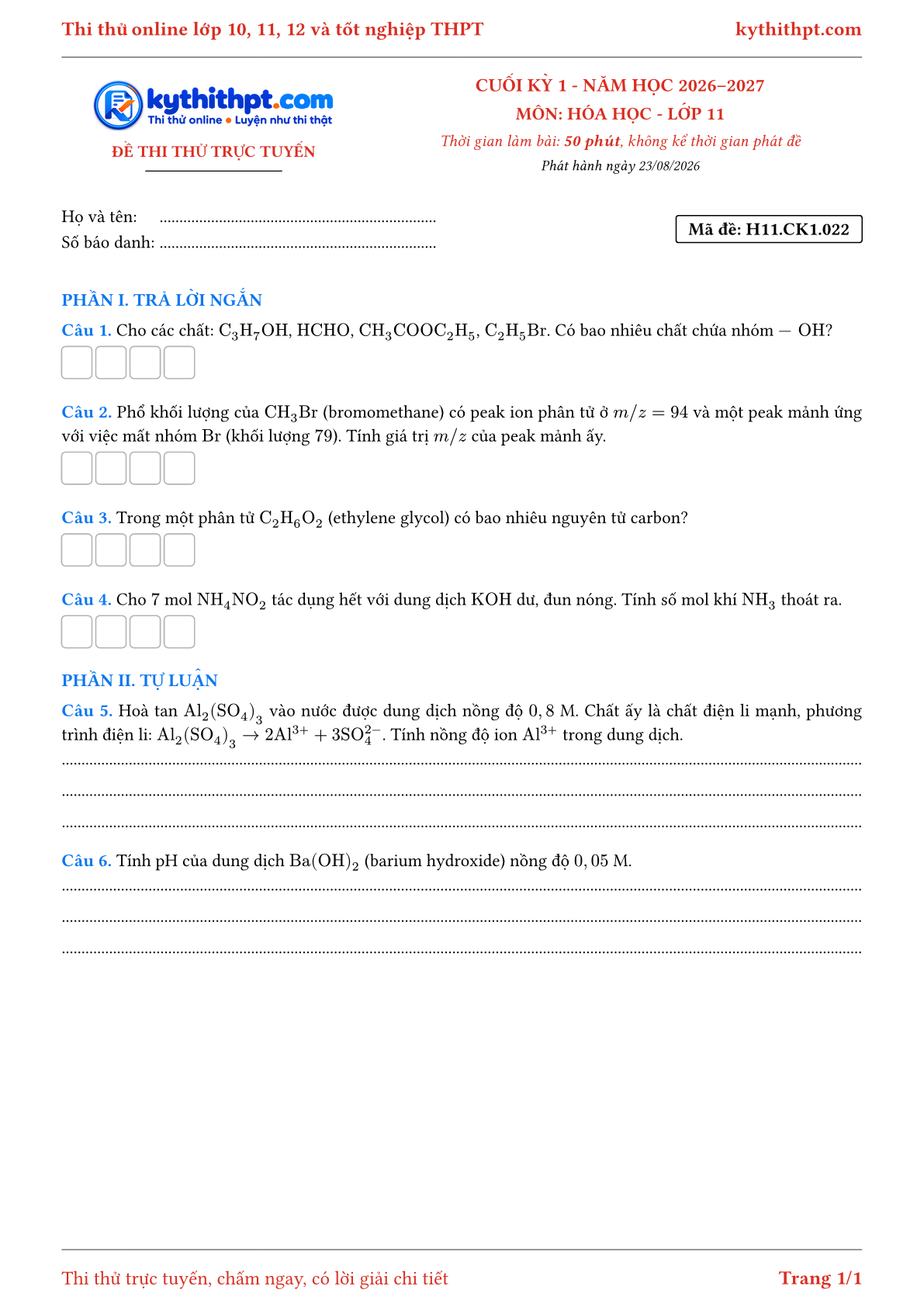 Trang đầu Đề thi thử online cuối kỳ 1 môn Hóa học lớp 11 - trả lời ngắn + tự luận - đề 022