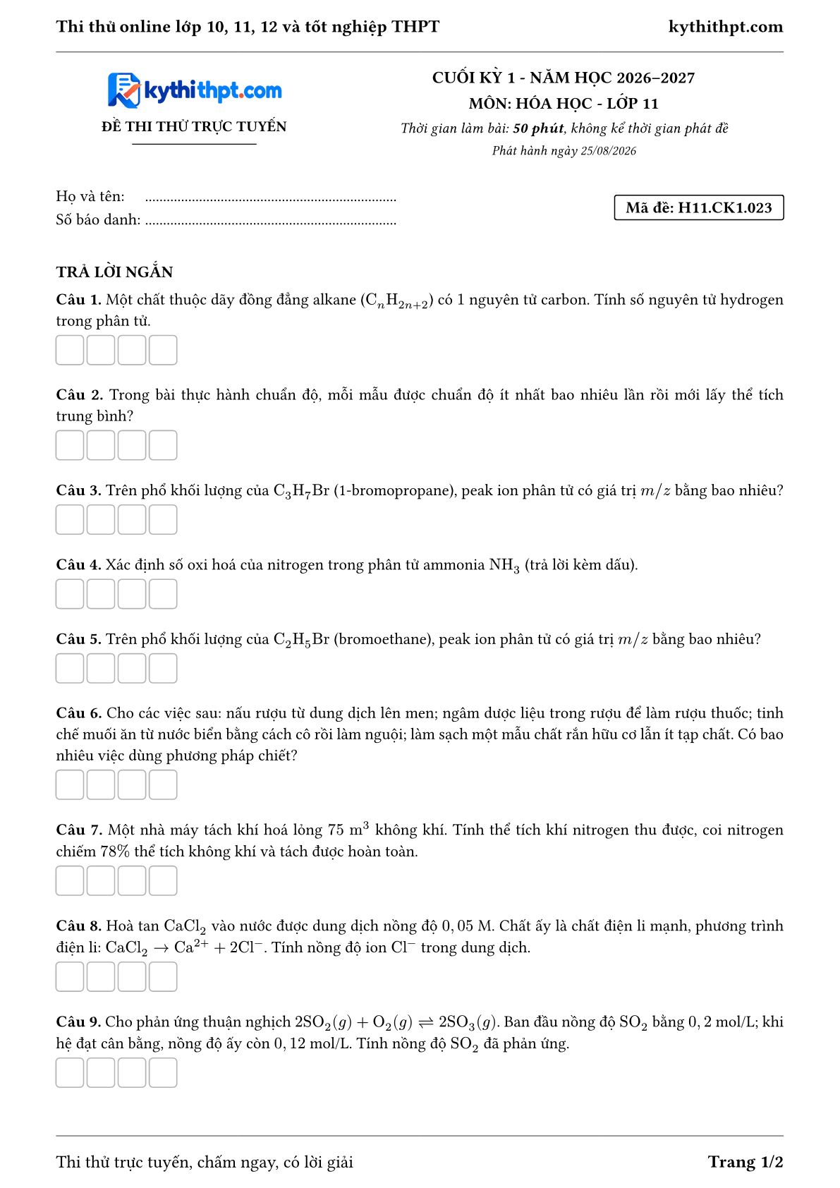 Trang đầu Đề thi thử online cuối kỳ 1 môn Hóa học lớp 11 - full trả lời ngắn - đề 023