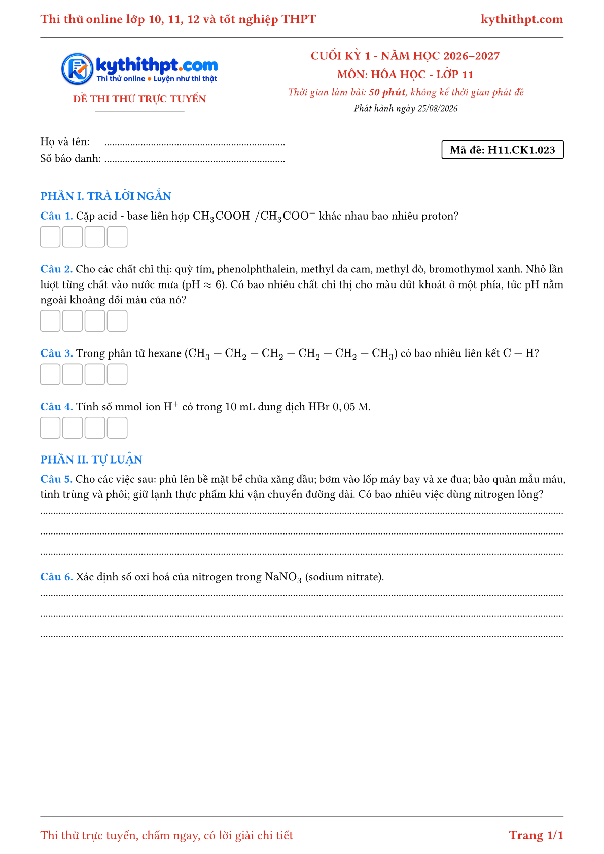 Trang đầu Đề thi thử online cuối kỳ 1 môn Hóa học lớp 11 - trả lời ngắn + tự luận - đề 023