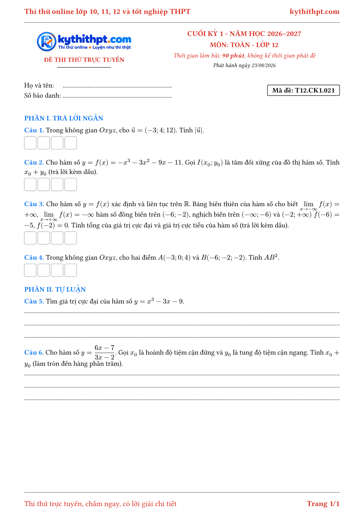 Trang đầu Đề thi thử online cuối kỳ 1 môn Toán lớp 12 - trả lời ngắn + tự luận - đề 021