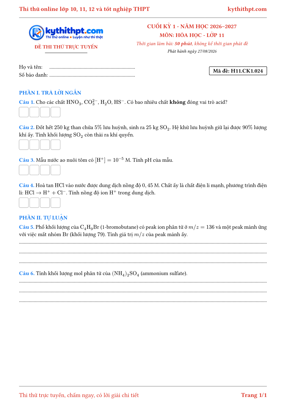 Trang đầu Đề thi thử online cuối kỳ 1 môn Hóa học lớp 11 - trả lời ngắn + tự luận - đề 024