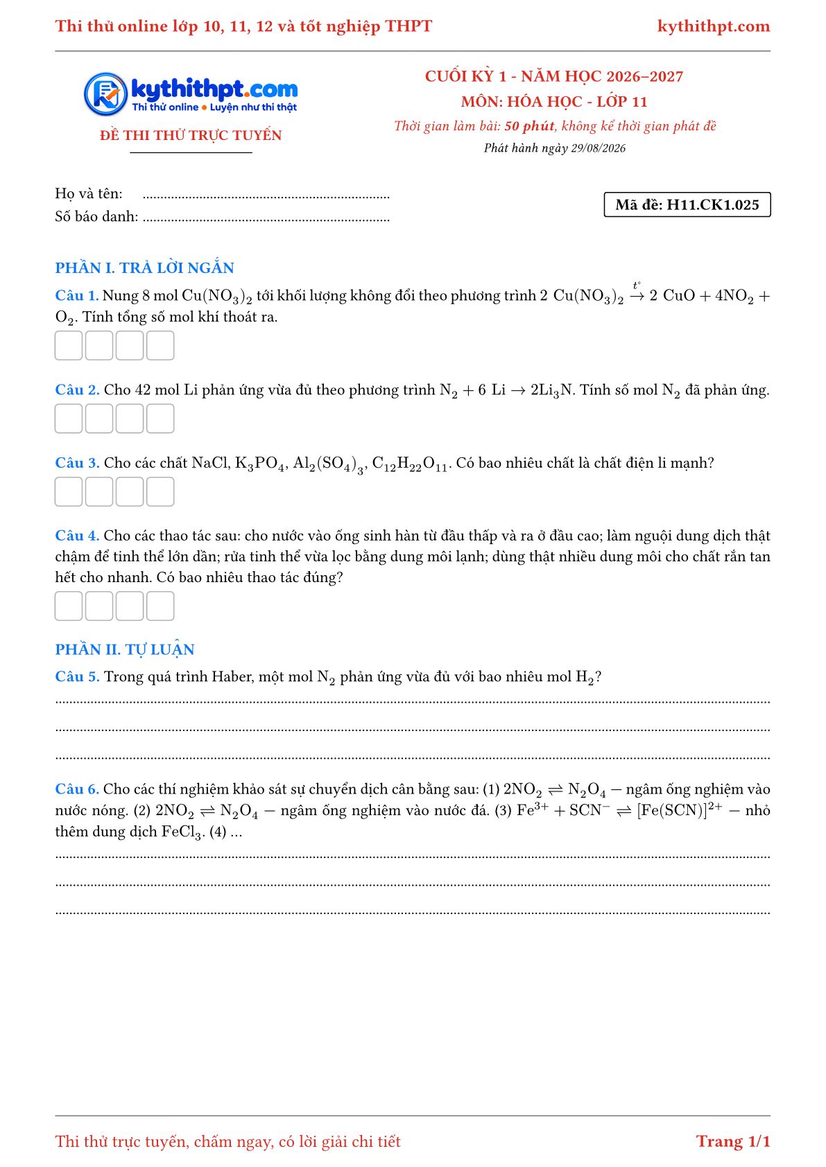 Trang đầu Đề thi thử online cuối kỳ 1 môn Hóa học lớp 11 - trả lời ngắn + tự luận - đề 025
