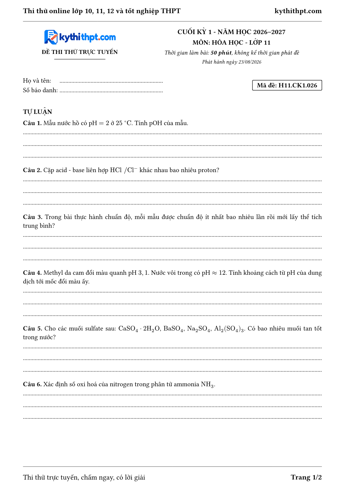 Trang đầu Đề thi thử online cuối kỳ 1 môn Hóa học lớp 11 - full tự luận - đề 026