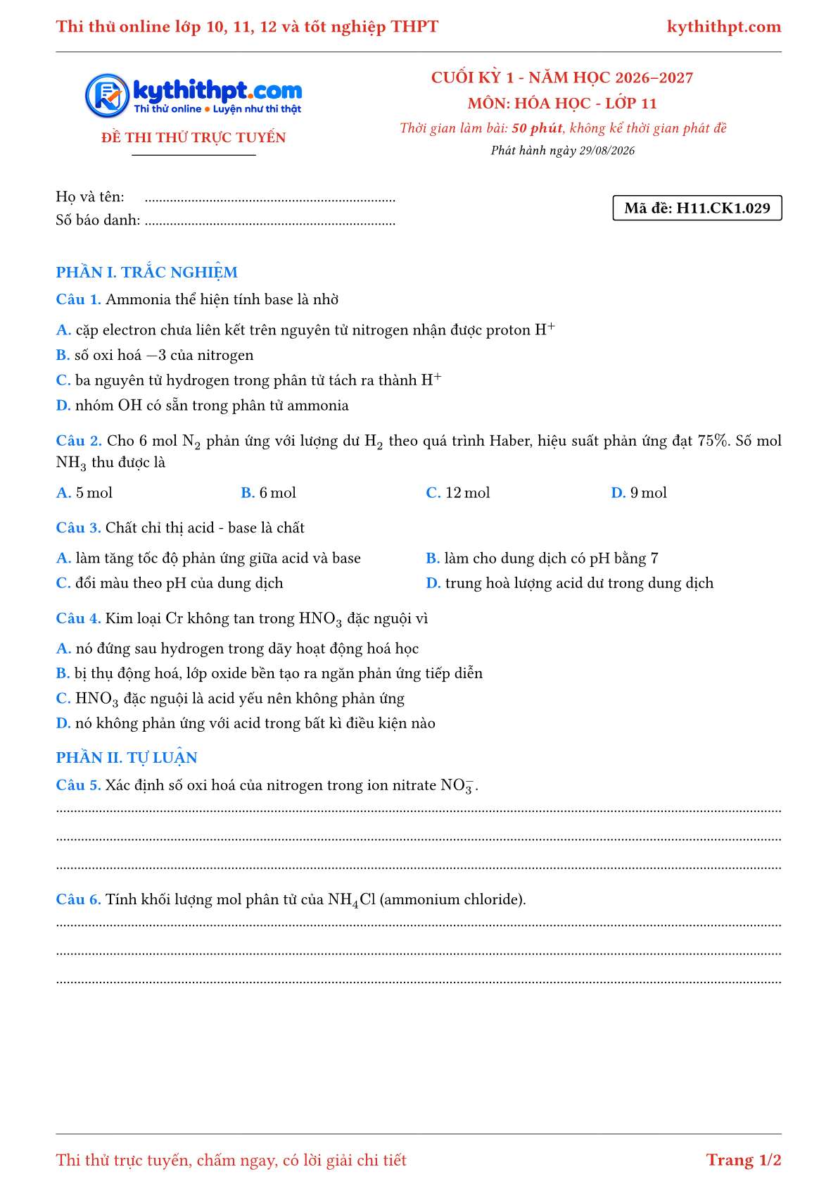 Trang đầu Đề thi thử online cuối kỳ 1 môn Hóa học lớp 11 - trắc nghiệm + tự luận nâng cao - đề 029
