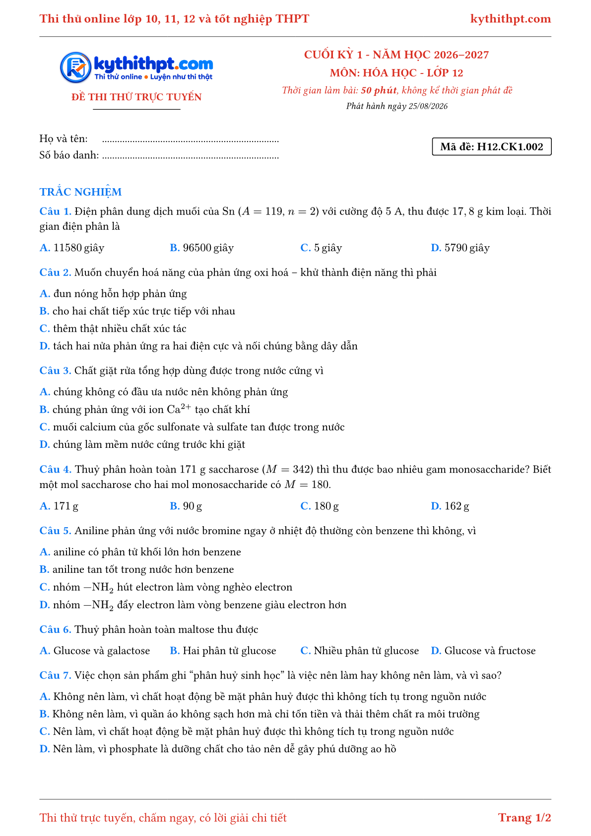 Trang đầu Đề thi thử online cuối kỳ 1 môn Hóa học lớp 12 - full trắc nghiệm - đề 002
