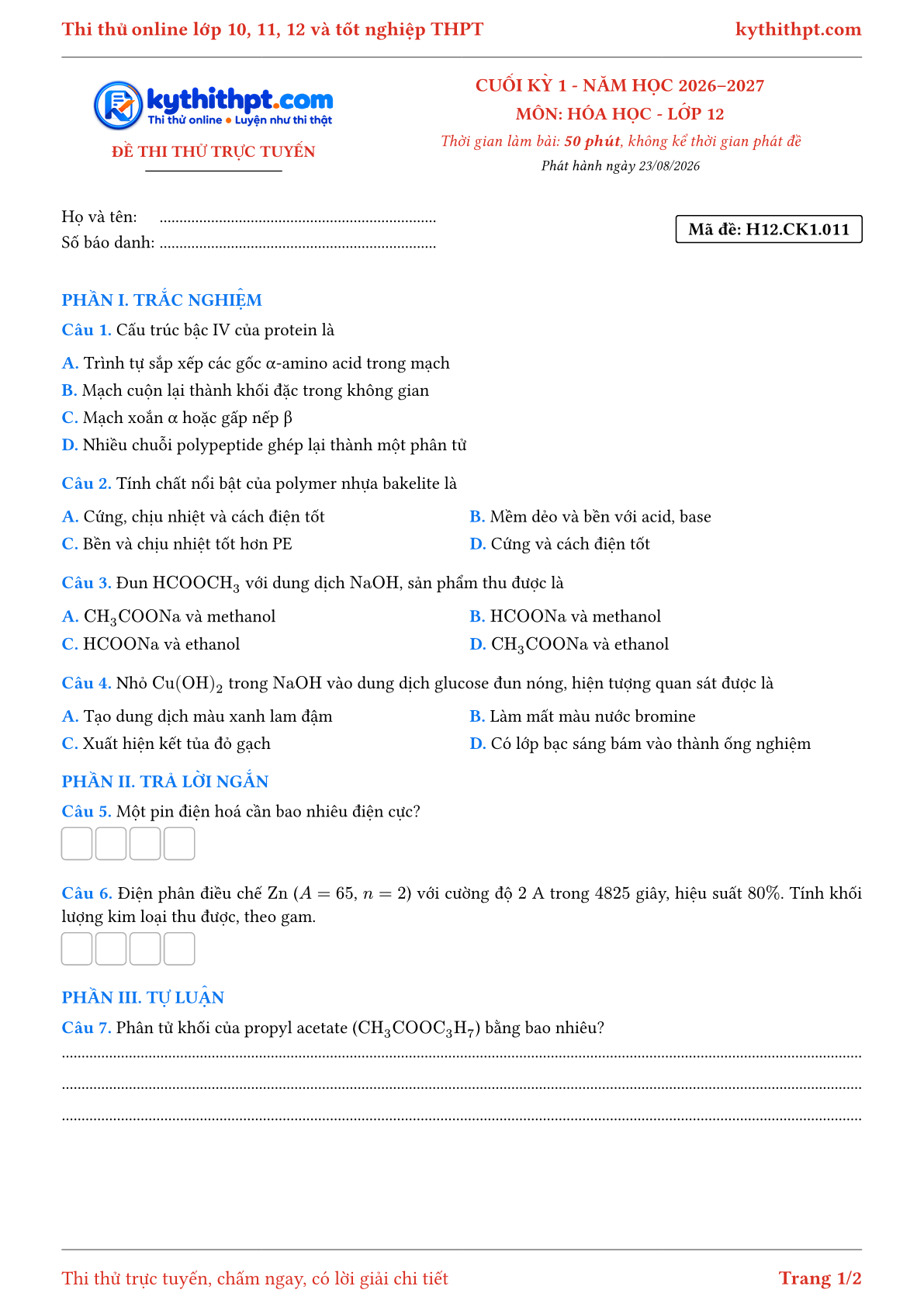 Trang đầu Đề thi thử online cuối kỳ 1 môn Hóa học lớp 12 - trắc nghiệm + trả lời ngắn + tự luận - đề 011
