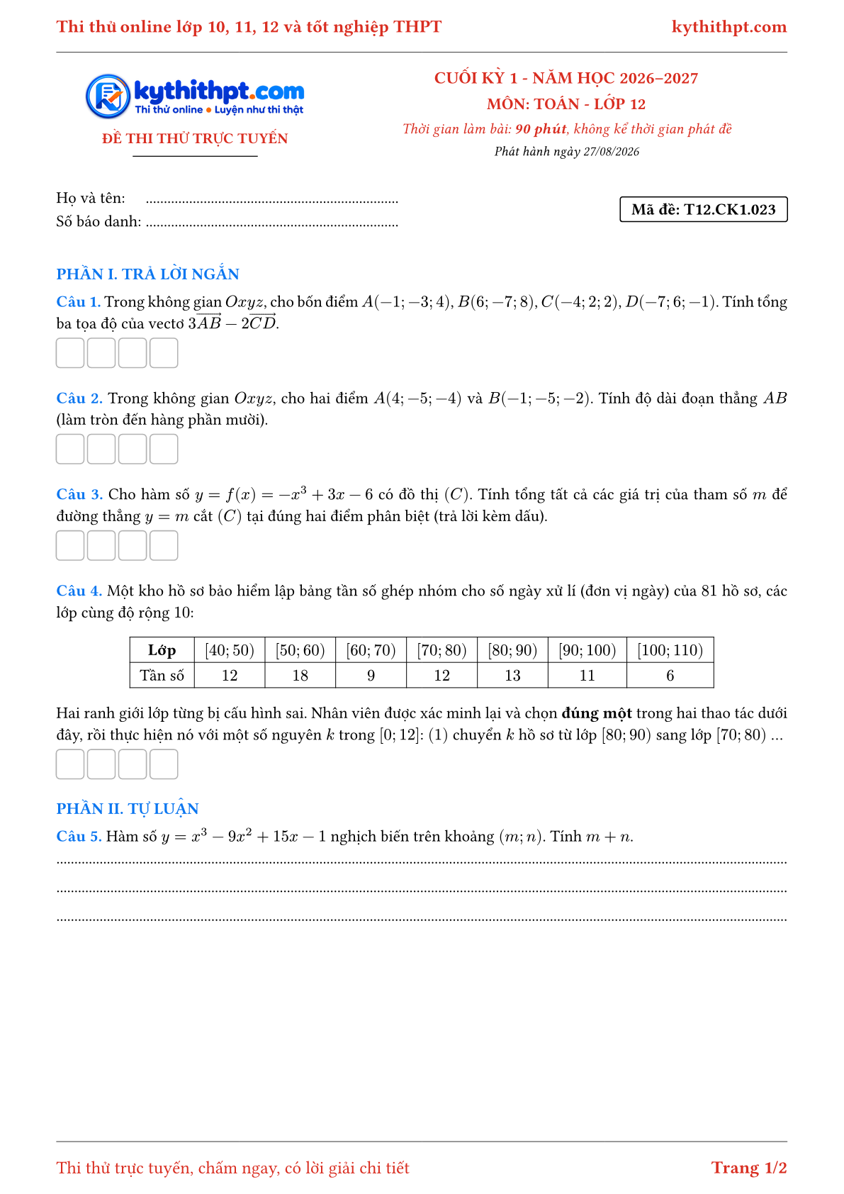 Trang đầu Đề thi thử online cuối kỳ 1 môn Toán lớp 12 - trả lời ngắn + tự luận - đề 023