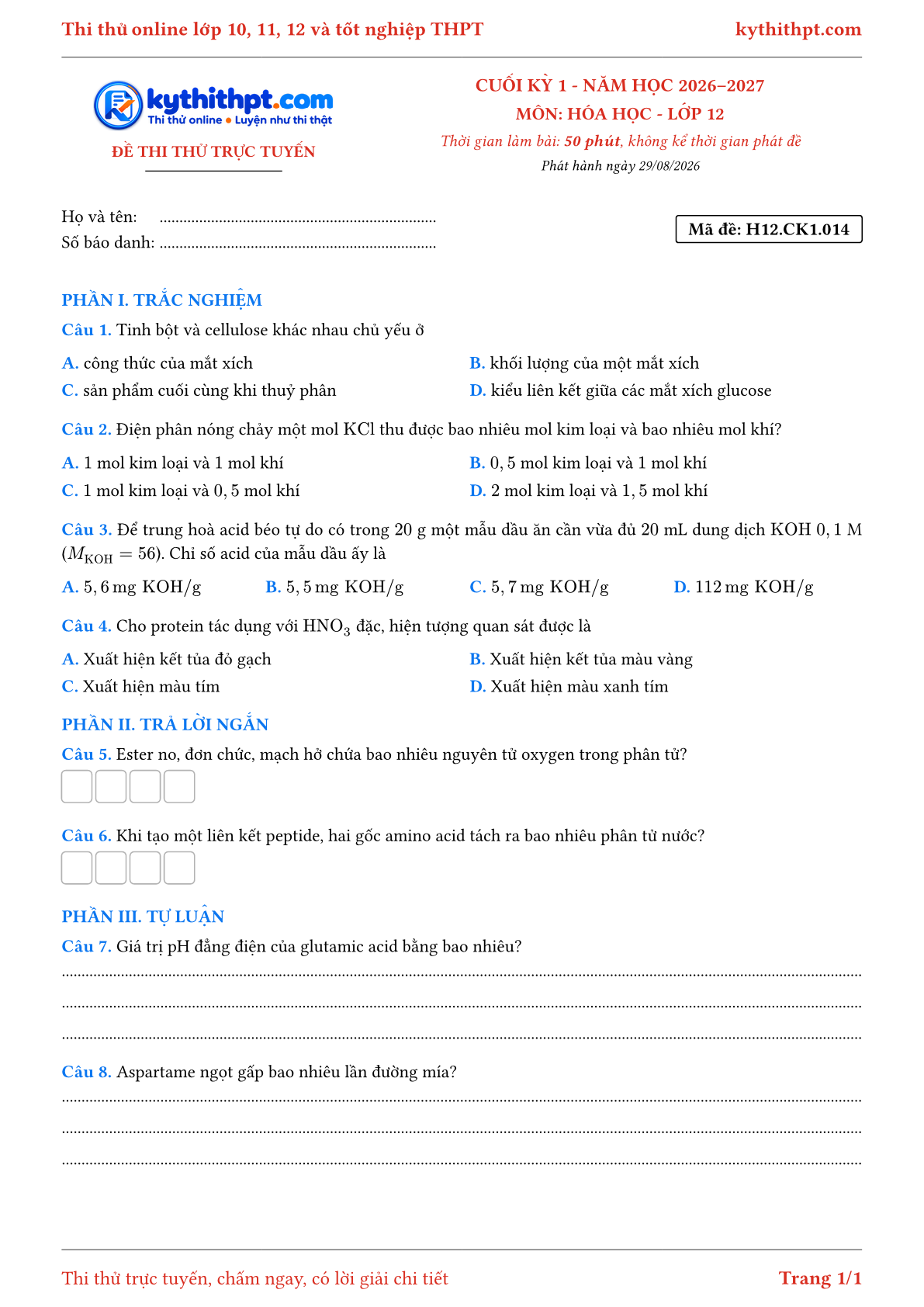 Trang đầu Đề thi thử online cuối kỳ 1 môn Hóa học lớp 12 - trắc nghiệm + trả lời ngắn + tự luận - đề 014