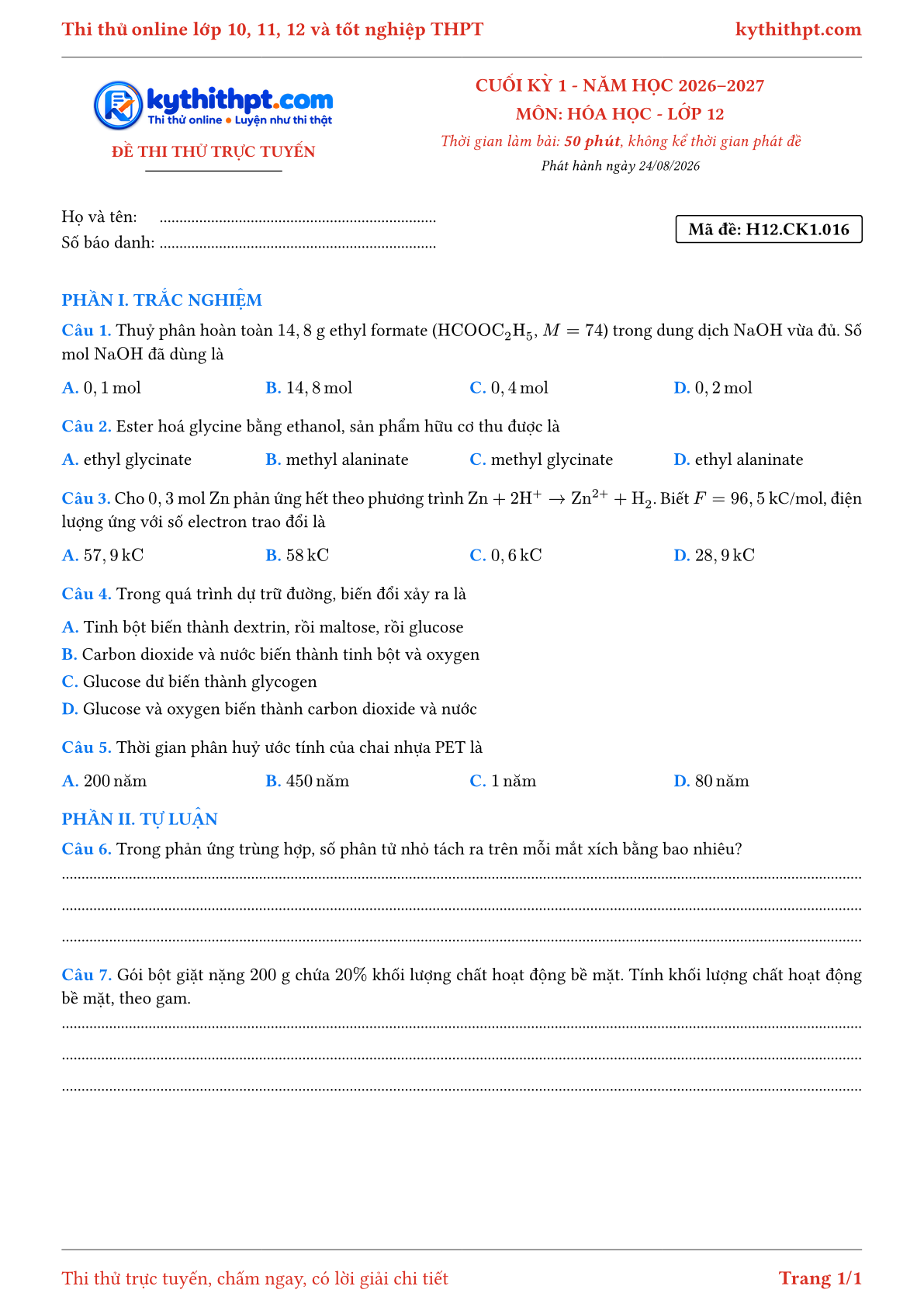 Trang đầu Đề thi thử online cuối kỳ 1 môn Hóa học lớp 12 - trắc nghiệm + tự luận - đề 016