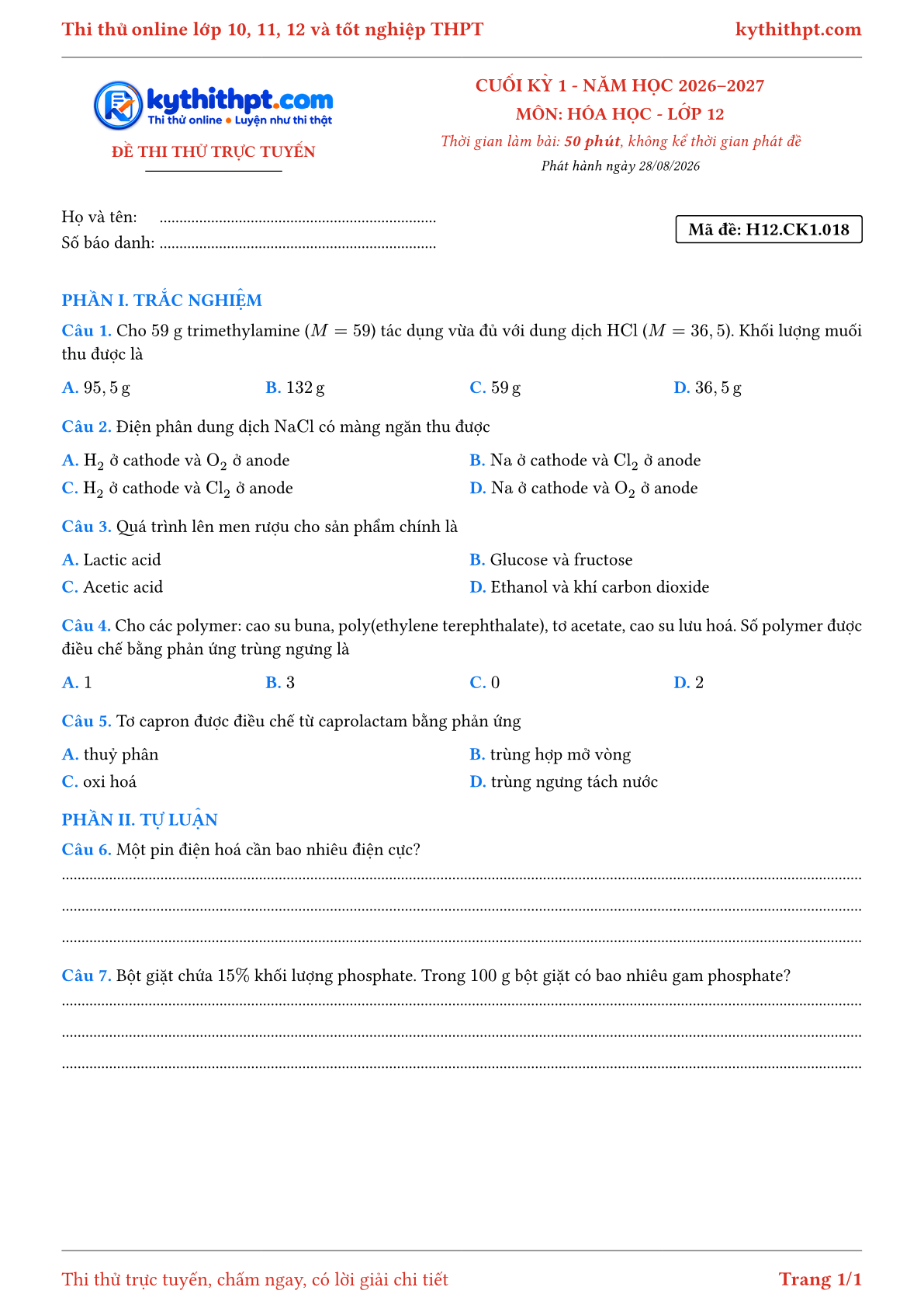 Trang đầu Đề thi thử online cuối kỳ 1 môn Hóa học lớp 12 - trắc nghiệm + tự luận - đề 018