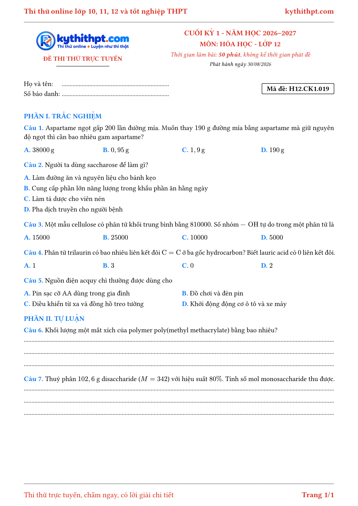 Trang đầu Đề thi thử online cuối kỳ 1 môn Hóa học lớp 12 - trắc nghiệm + tự luận - đề 019
