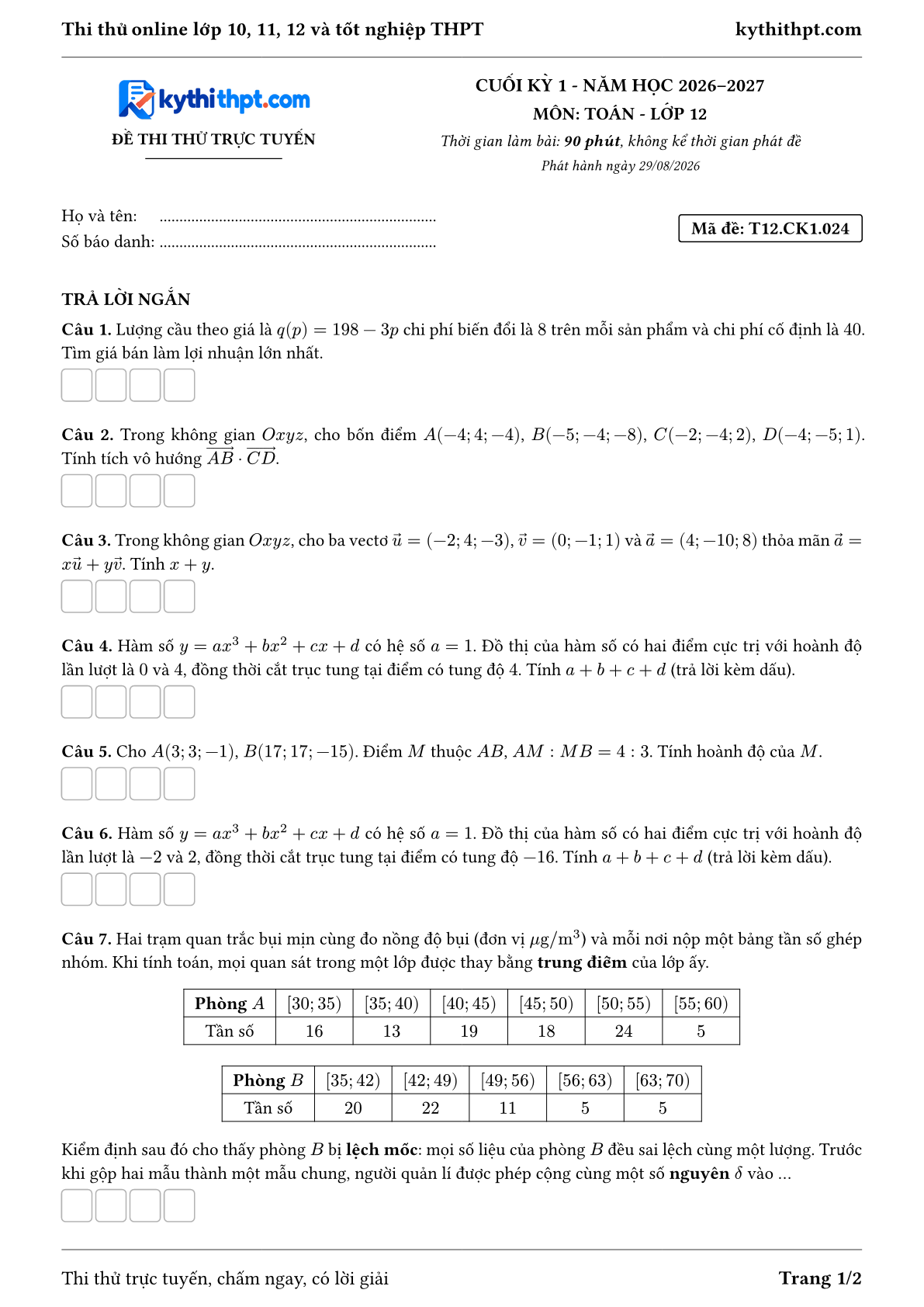 Trang đầu Đề thi thử online cuối kỳ 1 môn Toán lớp 12 - full trả lời ngắn - đề 024