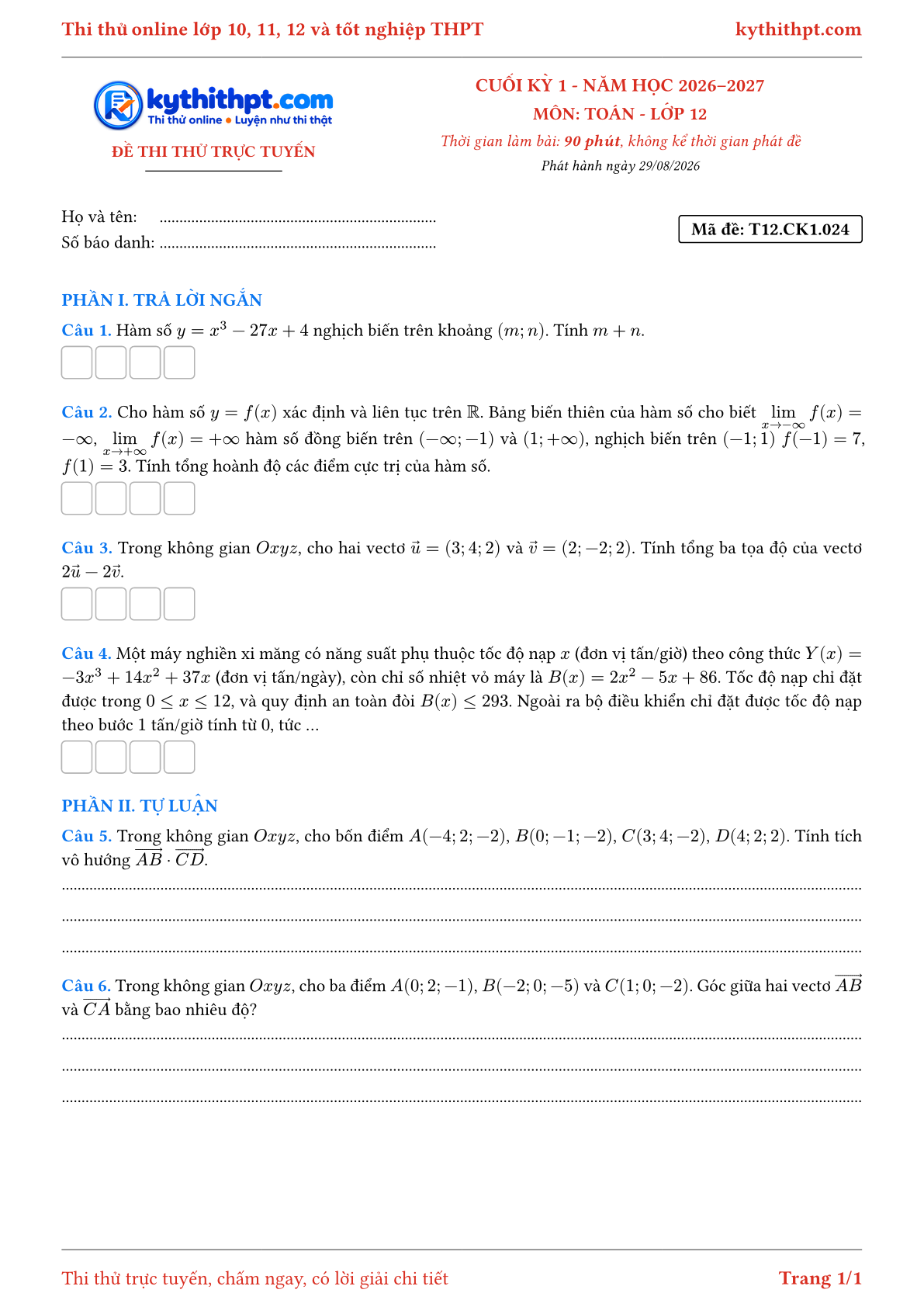 Trang đầu Đề thi thử online cuối kỳ 1 môn Toán lớp 12 - trả lời ngắn + tự luận - đề 024