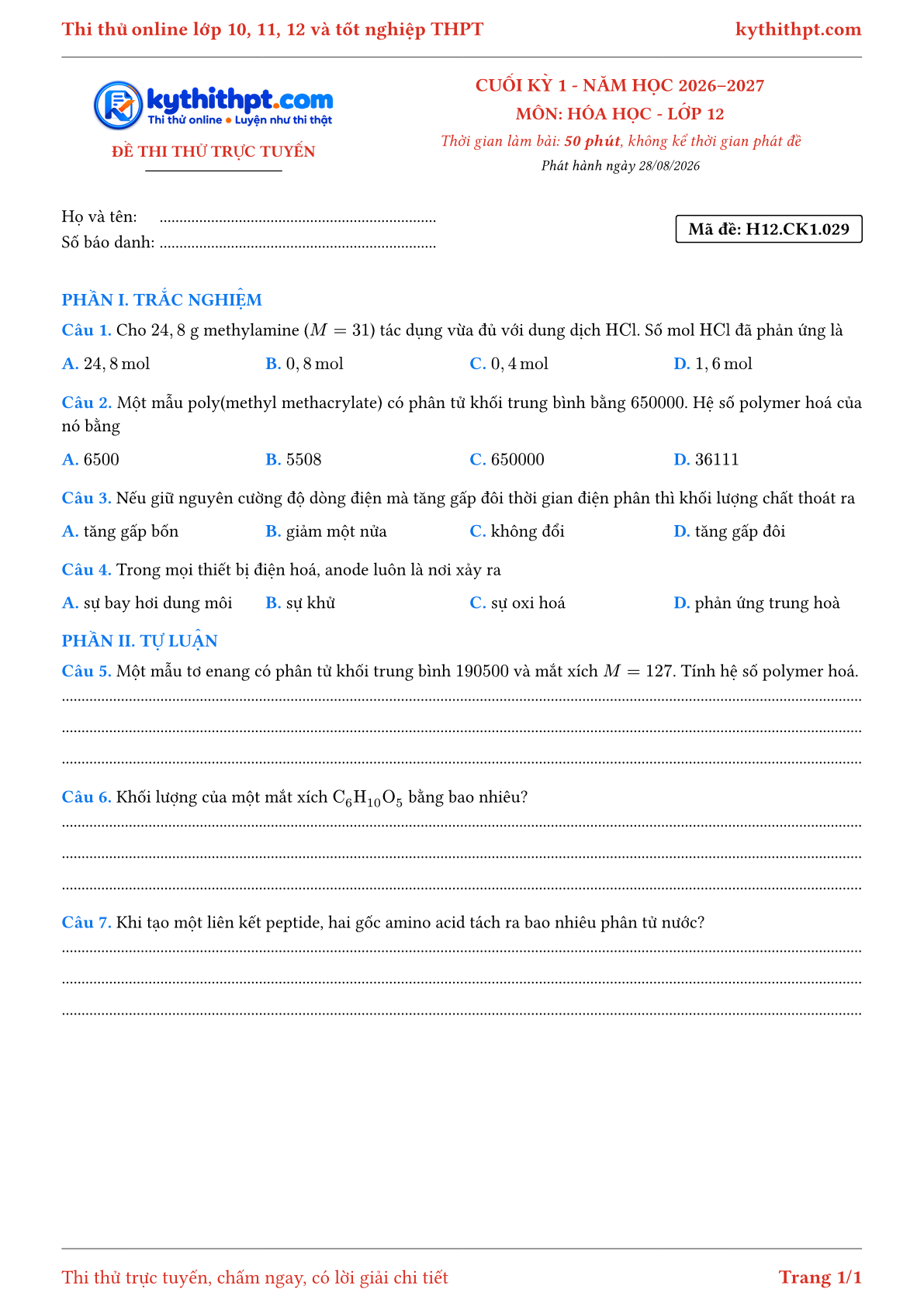 Trang đầu Đề thi thử online cuối kỳ 1 môn Hóa học lớp 12 - trắc nghiệm + tự luận nâng cao - đề 029