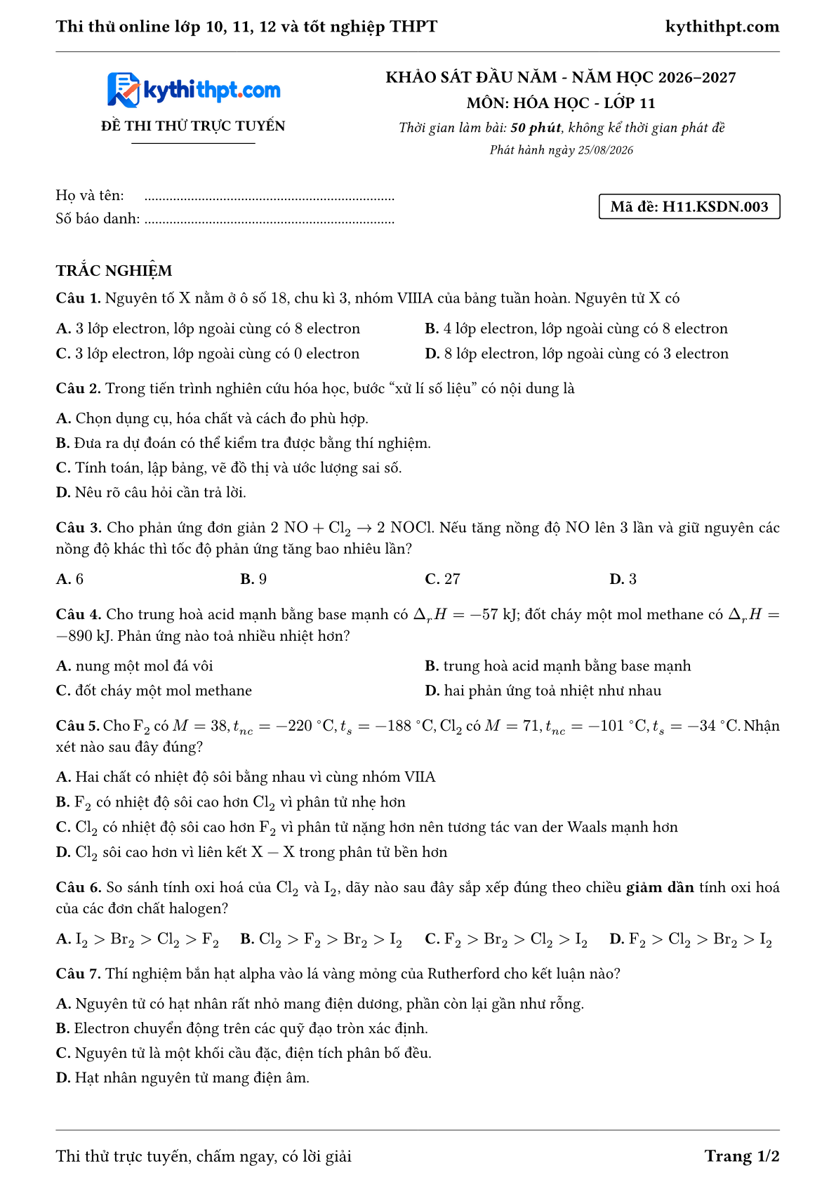 Trang đầu Đề thi thử online khảo sát đầu năm môn Hóa học lớp 11 - full trắc nghiệm - đề 003