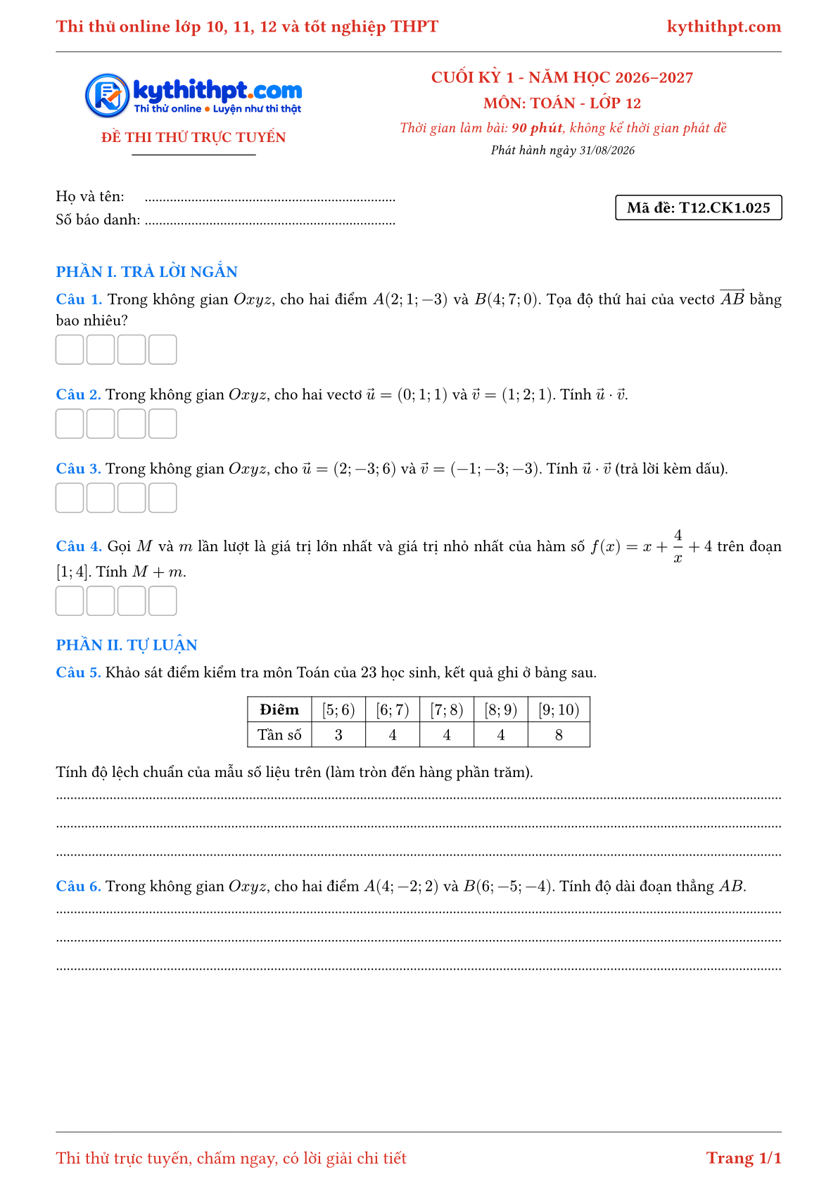 Trang đầu Đề thi thử online cuối kỳ 1 môn Toán lớp 12 - trả lời ngắn + tự luận - đề 025