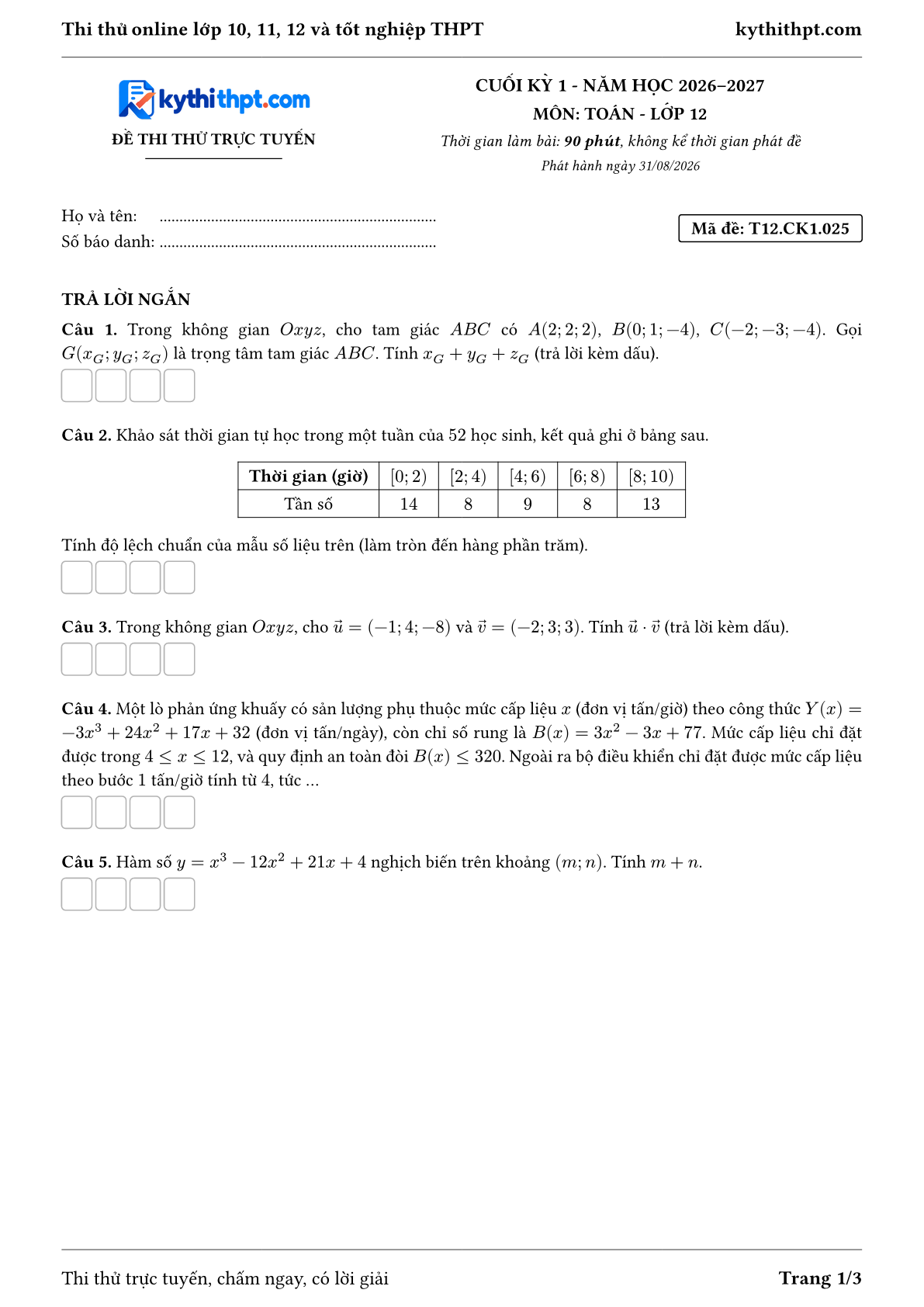 Trang đầu Đề thi thử online cuối kỳ 1 môn Toán lớp 12 - full trả lời ngắn - đề 025