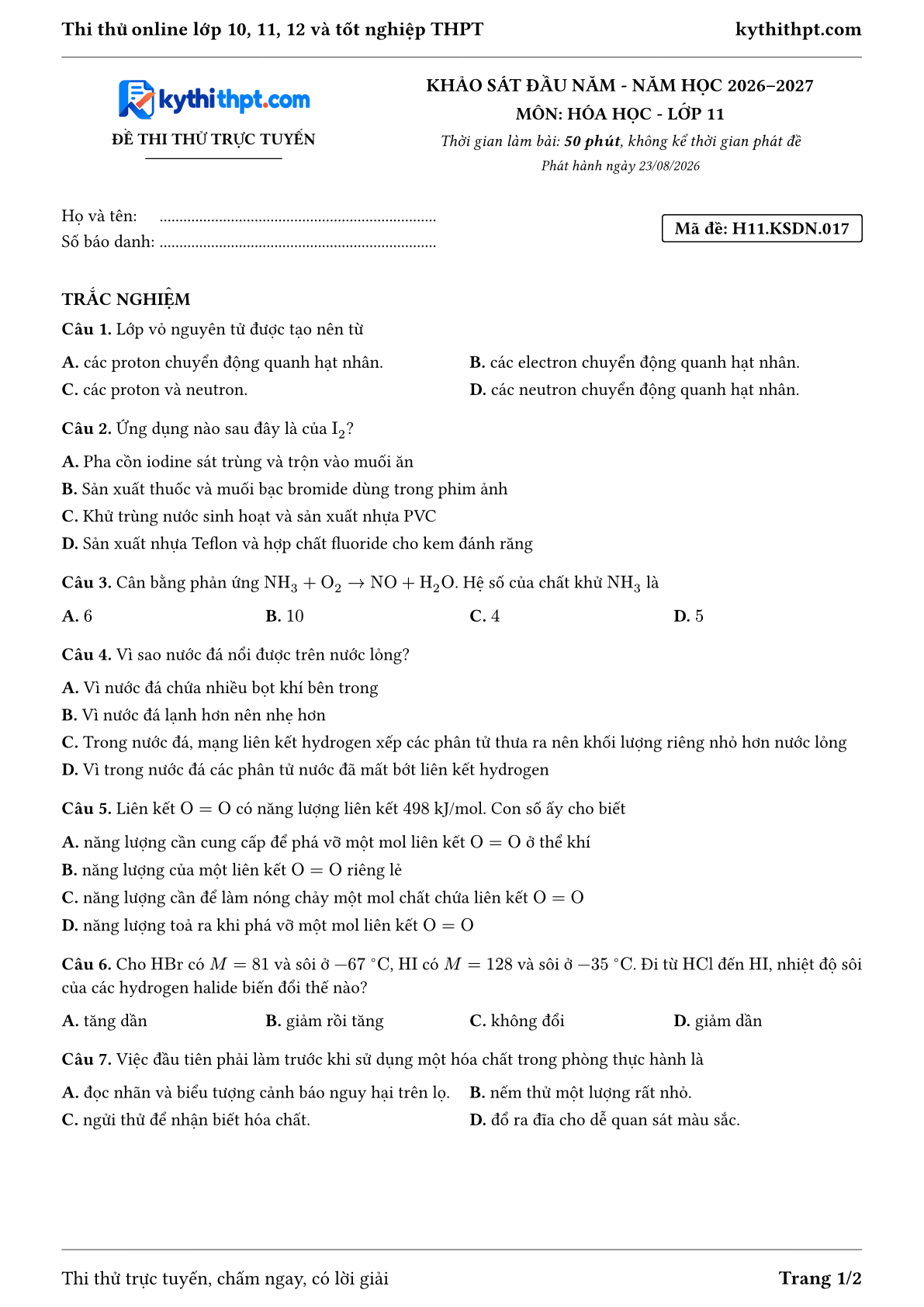 Trang đầu Đề thi thử online khảo sát đầu năm môn Hóa học lớp 11 - trắc nghiệm + đúng/sai + tự luận - đề 017