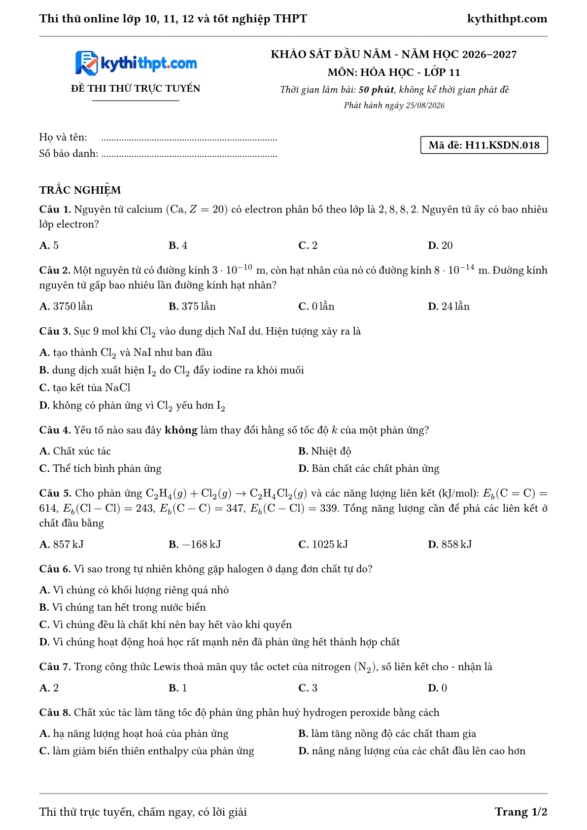 Trang đầu Đề thi thử online khảo sát đầu năm môn Hóa học lớp 11 - trắc nghiệm + đúng/sai + tự luận - đề 018