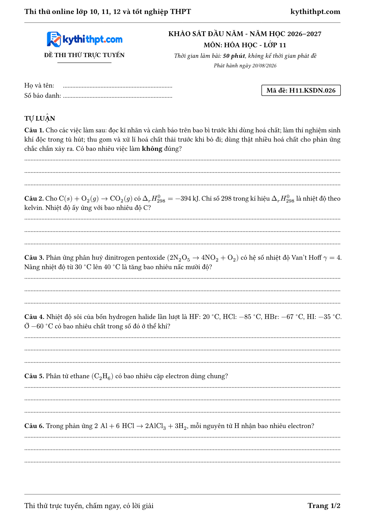 Trang đầu Đề thi thử online khảo sát đầu năm môn Hóa học lớp 11 - full tự luận - đề 026