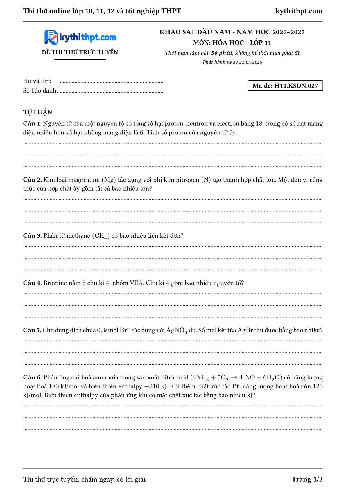 Trang đầu Đề thi thử online khảo sát đầu năm môn Hóa học lớp 11 - full tự luận - đề 027