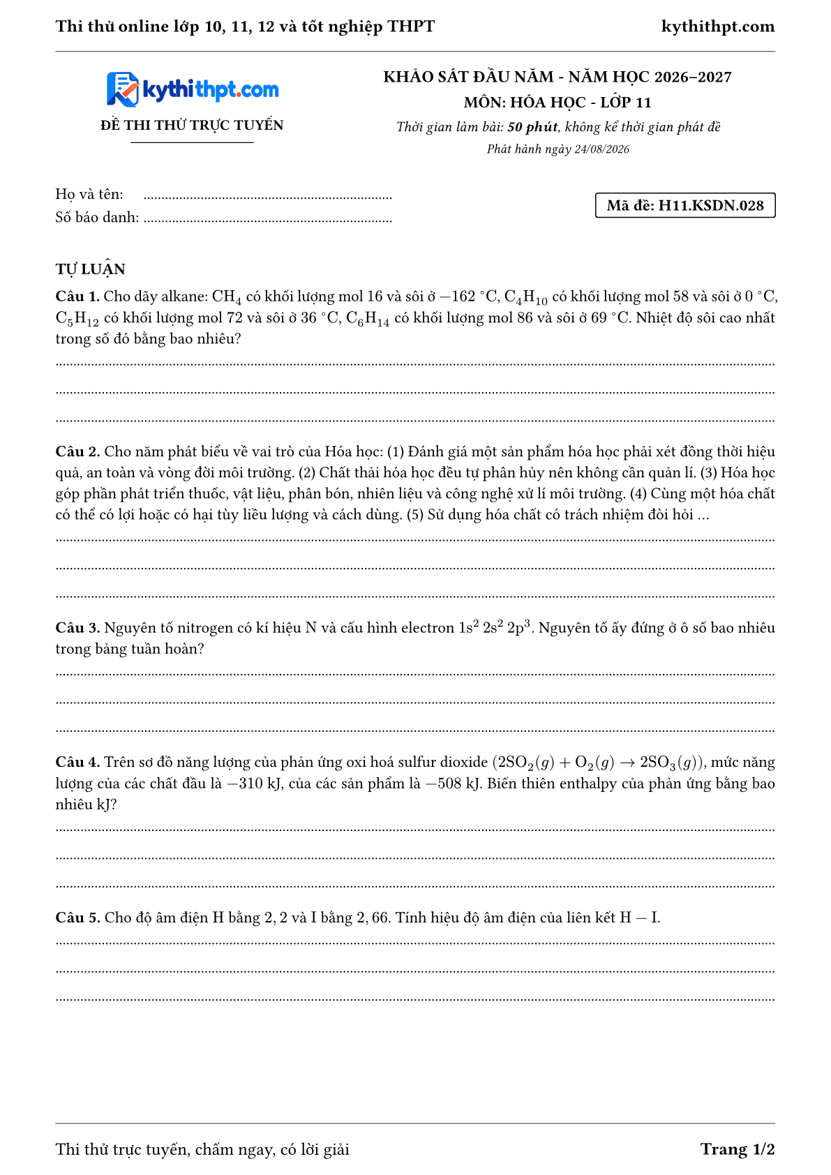 Trang đầu Đề thi thử online khảo sát đầu năm môn Hóa học lớp 11 - full tự luận - đề 028
