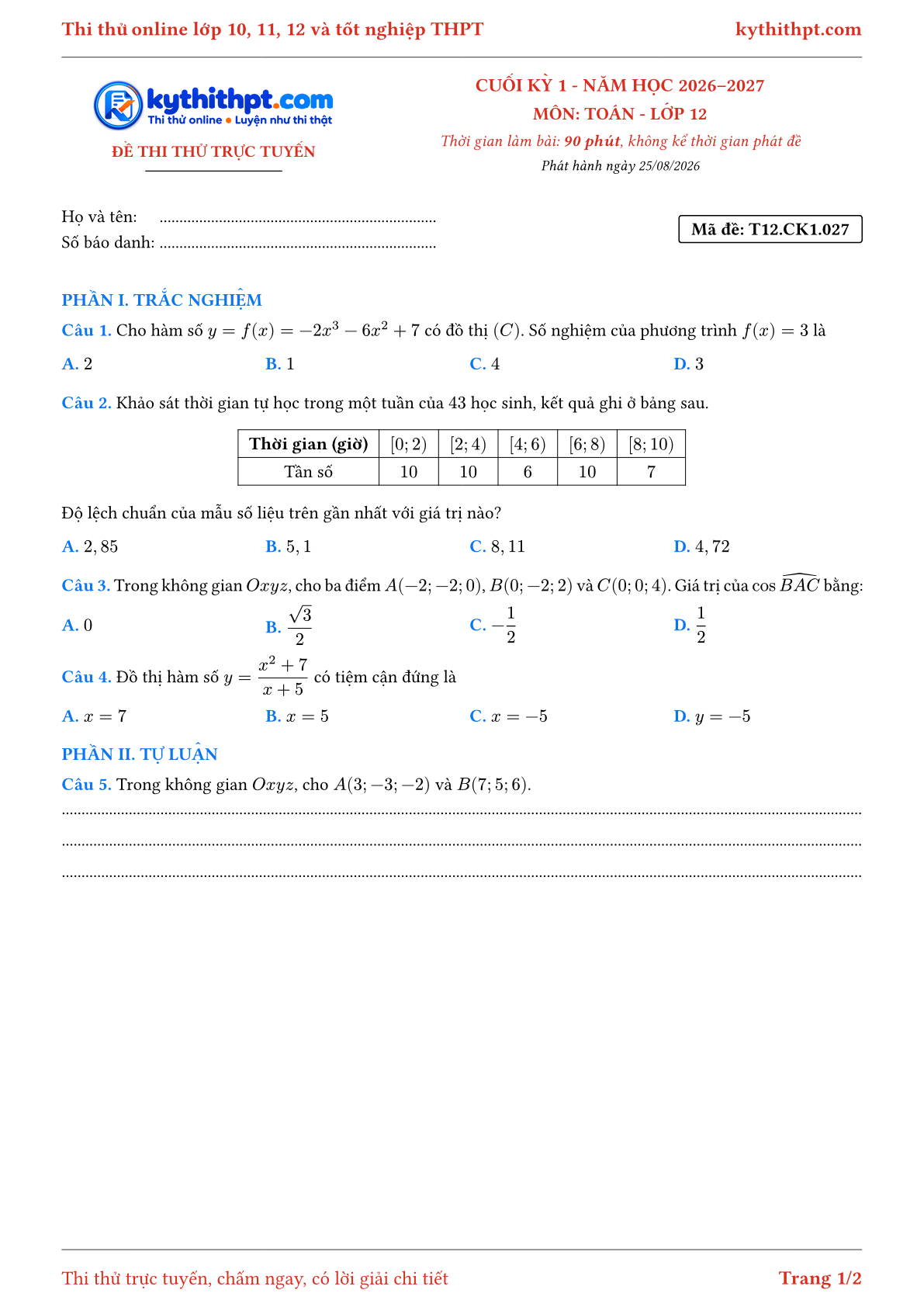 Trang đầu Đề thi thử online cuối kỳ 1 môn Toán lớp 12 - trắc nghiệm + tự luận nâng cao - đề 027