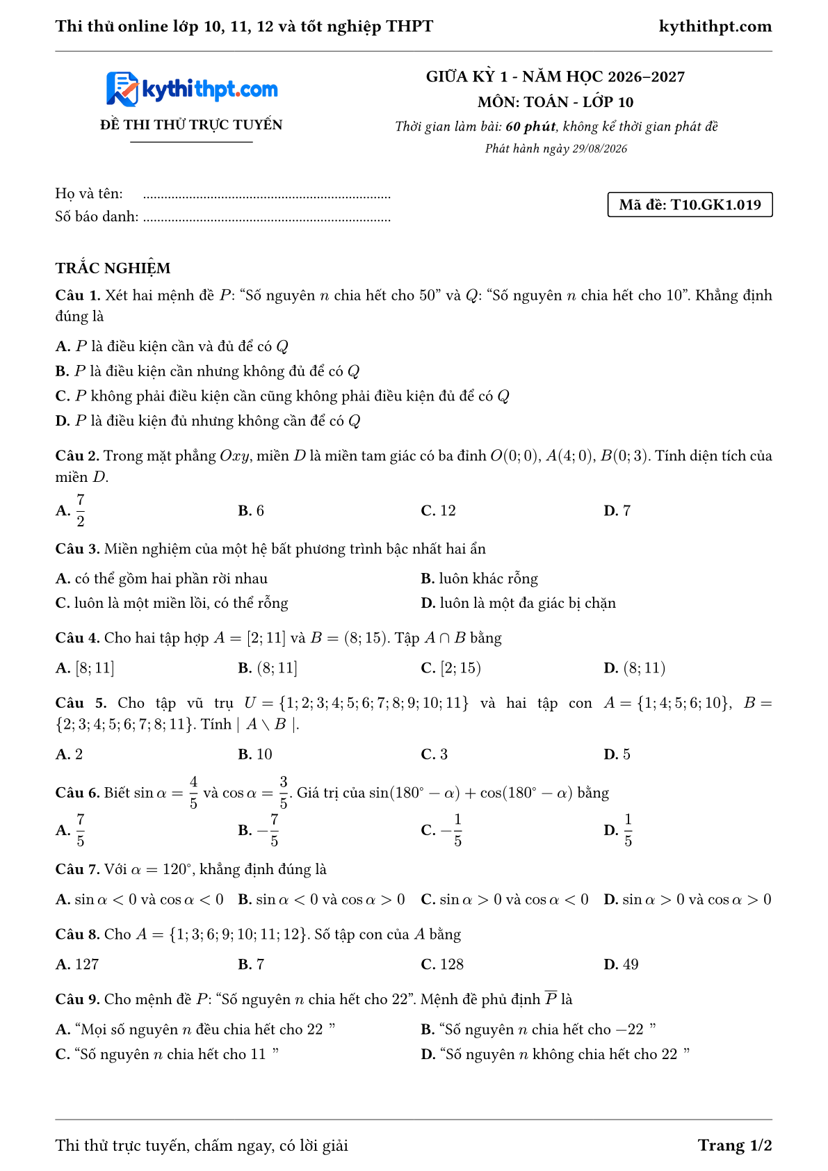 Trang đầu Đề thi thử online giữa kỳ 1 môn Toán lớp 10 - trắc nghiệm + đúng/sai + tự luận - đề 019