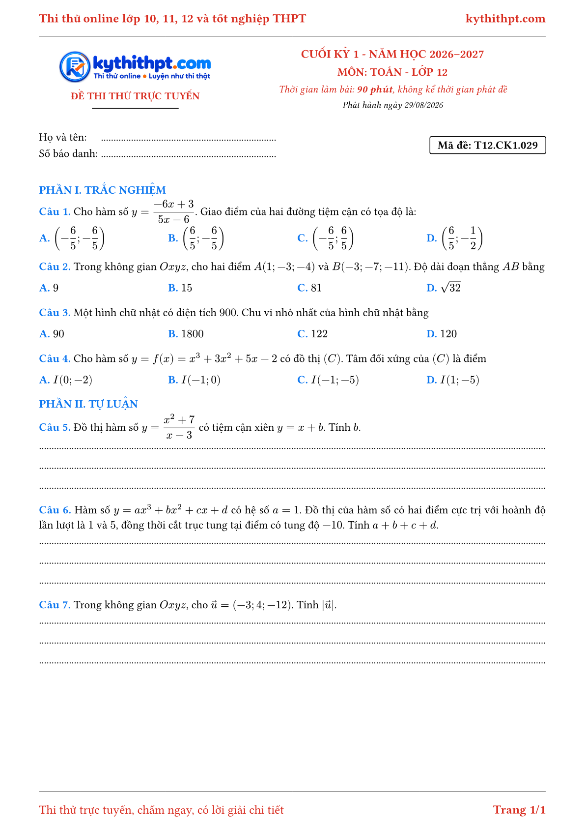 Trang đầu Đề thi thử online cuối kỳ 1 môn Toán lớp 12 - trắc nghiệm + tự luận nâng cao - đề 029