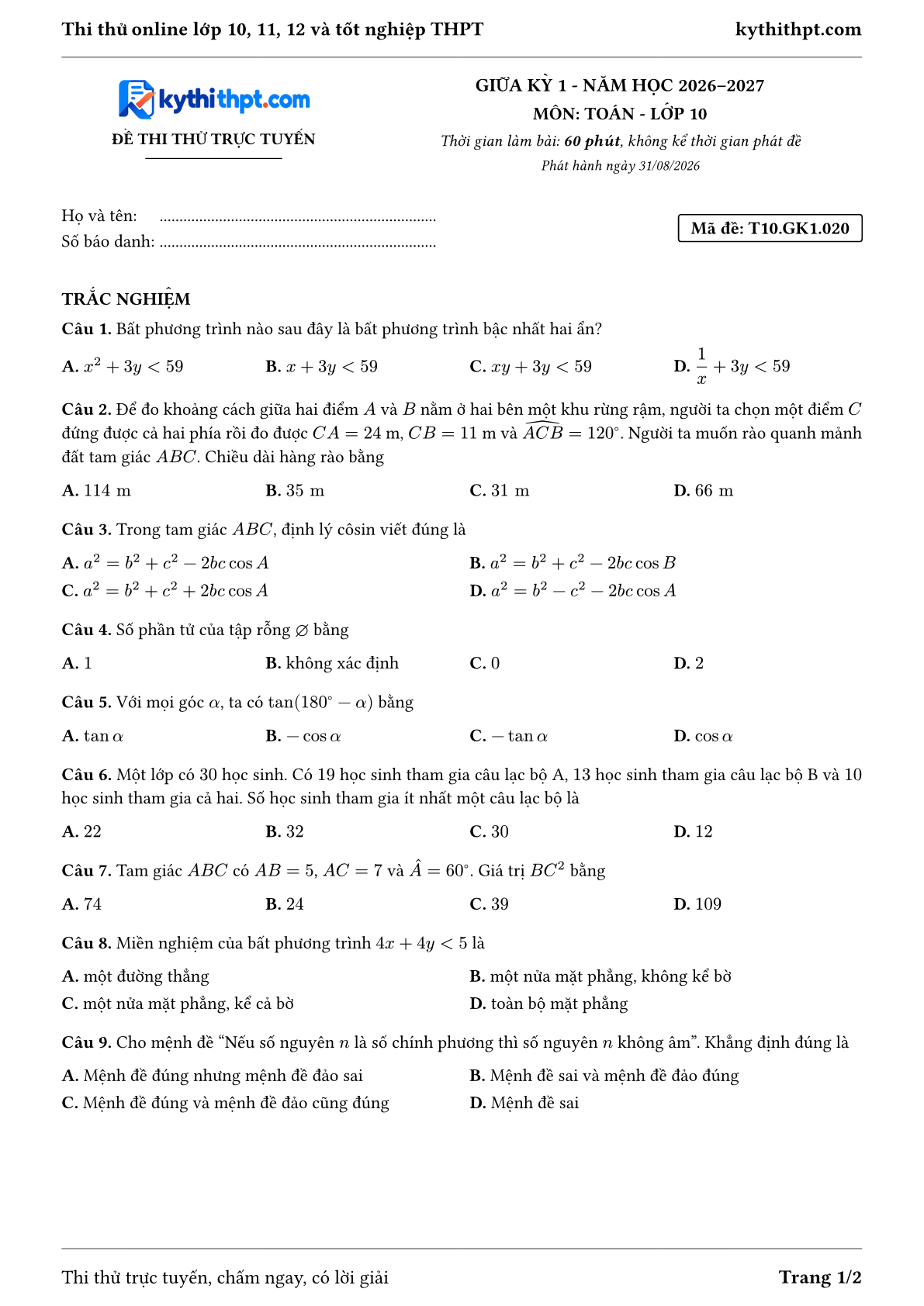 Trang đầu Đề thi thử online giữa kỳ 1 môn Toán lớp 10 - trắc nghiệm + đúng/sai + tự luận - đề 020