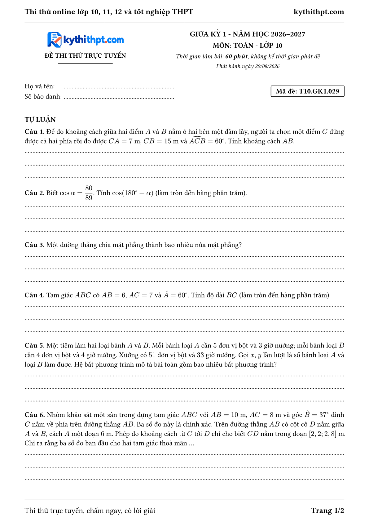Trang đầu Đề thi thử online giữa kỳ 1 môn Toán lớp 10 - full tự luận - đề 029