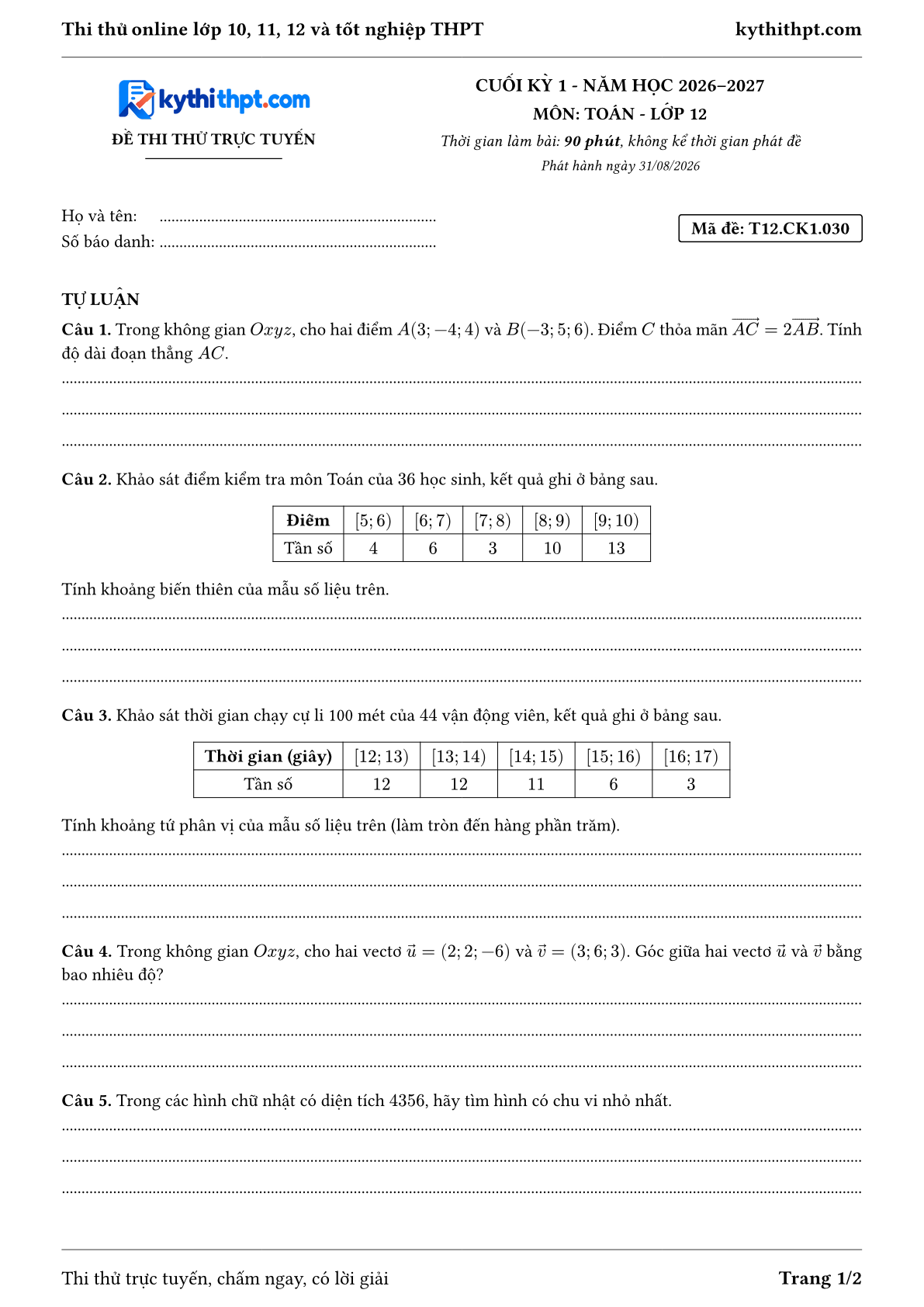 Trang đầu Đề thi thử online cuối kỳ 1 môn Toán lớp 12 - full tự luận - đề 030