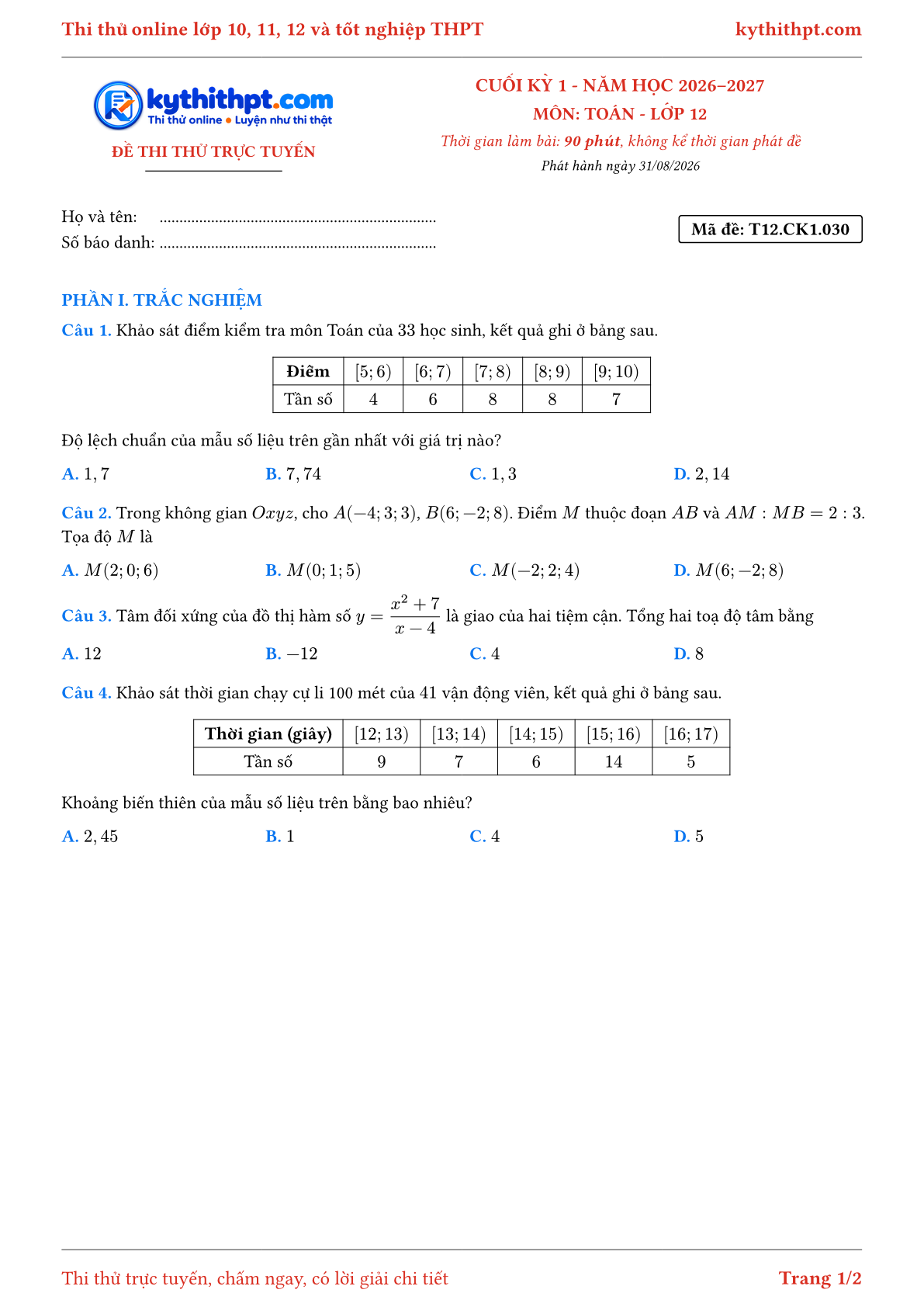 Trang đầu Đề thi thử online cuối kỳ 1 môn Toán lớp 12 - trắc nghiệm + tự luận nâng cao - đề 030