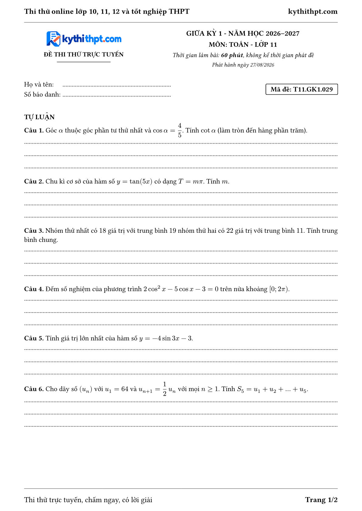 Trang đầu Đề thi thử online giữa kỳ 1 môn Toán lớp 11 - full tự luận - đề 029